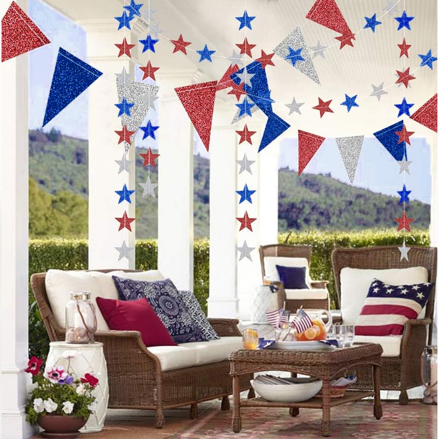 Decor365 Czerwony Niebieski Biały/Srebrny Girlanda Gwiazda Trójkąt Proporczyk Baner Zestaw 4/Czwarty Lipca USA Ameryka Niezależny Dzień Uroczystości Dekoracja Impreza Wisząca Dekoracja na Dzień