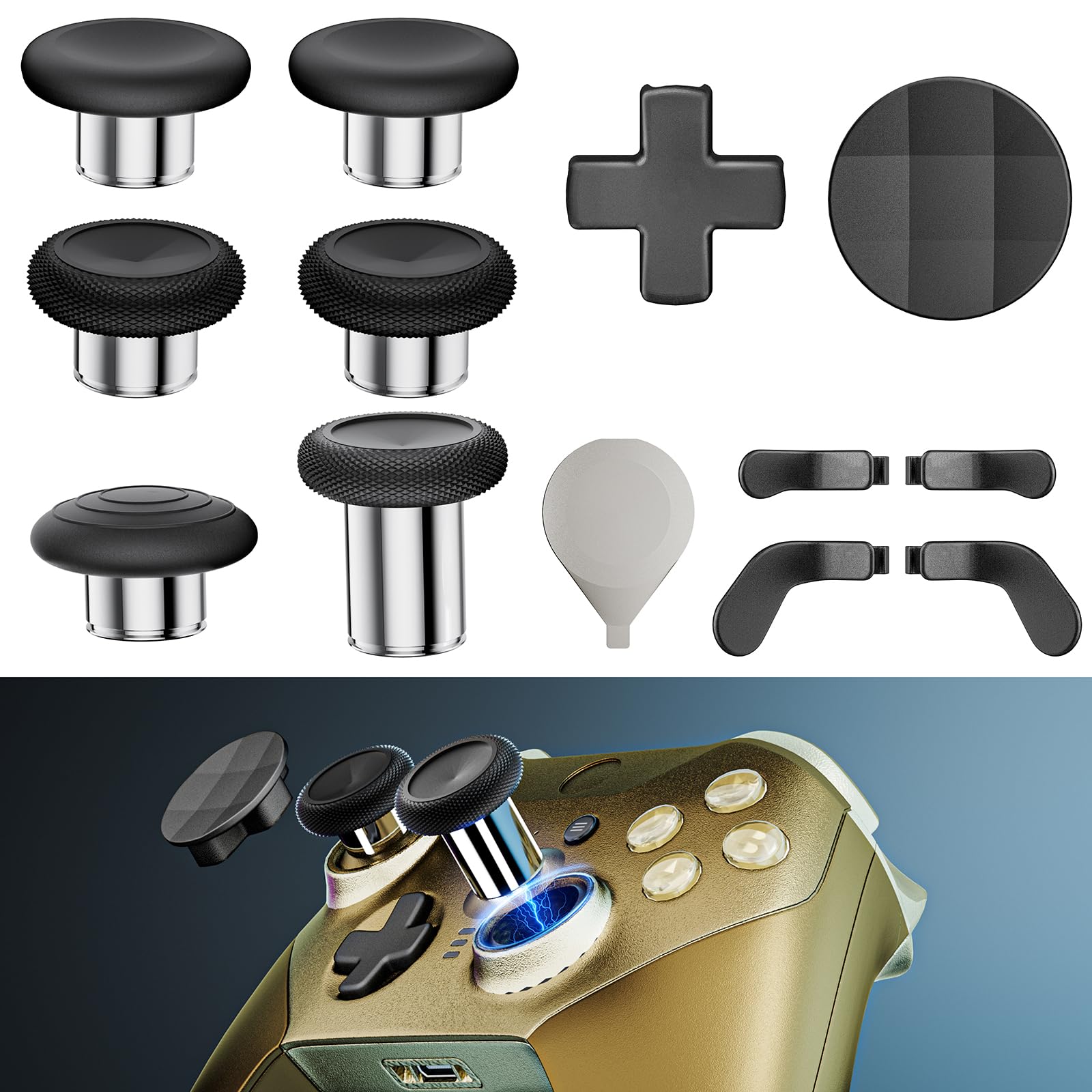 14-in-1 Controller Accessories Kit Compatible with Xbox Elite Series 2, 6 Premium Metal Thumbsticks, Swap Joysticks, 4 Interchangeable Paddles, 2 D-Pads, 1 Tool &amp; 1 Storage Bag (Matte Black)