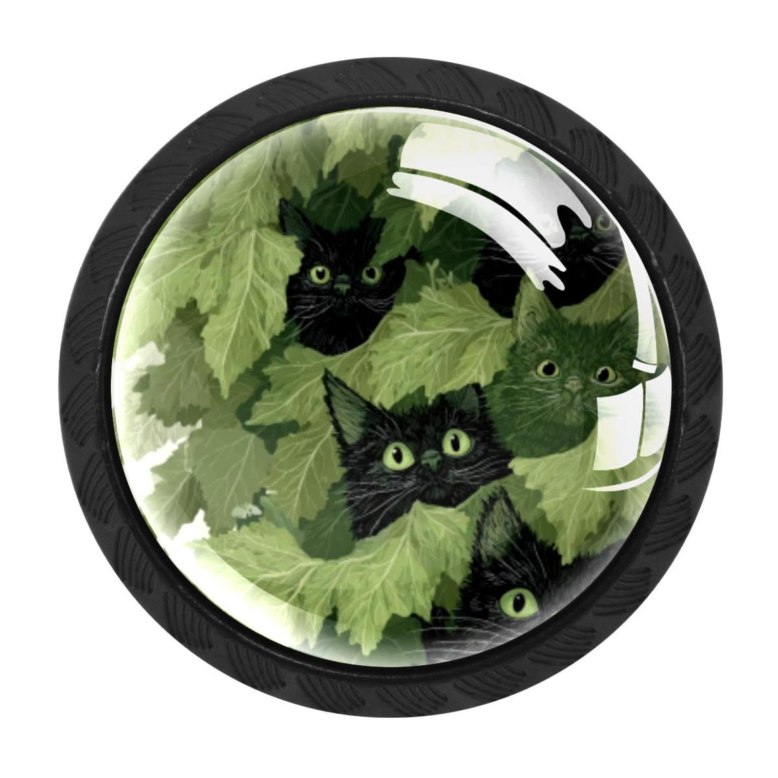 CHENZZZZ 4 Pack Black Green Leaf Cats (3) Drawer Knobs, Cabinet Knobs Round Glass Knobs for Kitchen Cabinet Hardware Bathroom 35MM