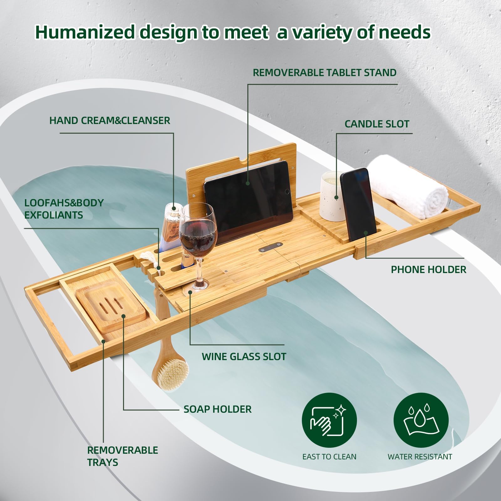 Vassoio Per Vasca Da Bagno In Bambù Ohuhu - Estendibile E Regolabile Con Porta Tablet - Foto 11
