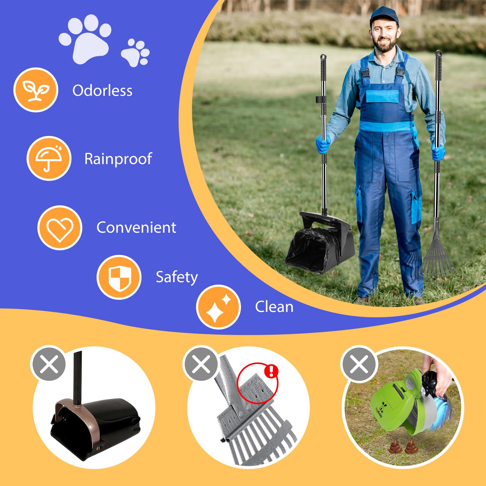 Hundekot Schaufel Set mit Drehbarem Eimer, Rechen und 20 Beuteln – Langer Griff, Kotaufheber für Garten und Unterwegs