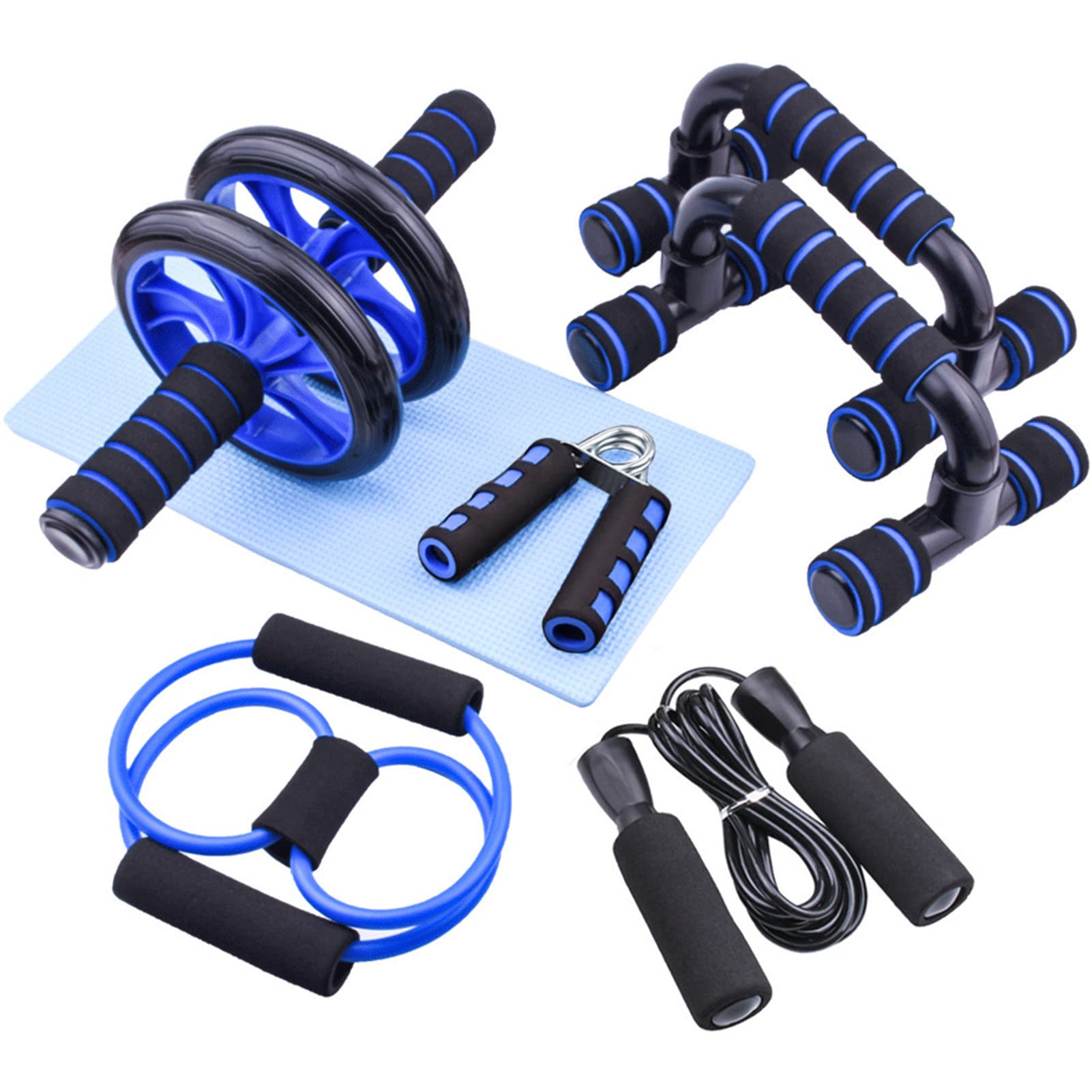 6 in 1 Bauchmuskelrad, Bauchmuskeln, Fitnessgeräte, Set mit verstellbarem Springseil, Klemme, Schiebestange, AB-Rolle, Kniebandage und Spanner (blau)