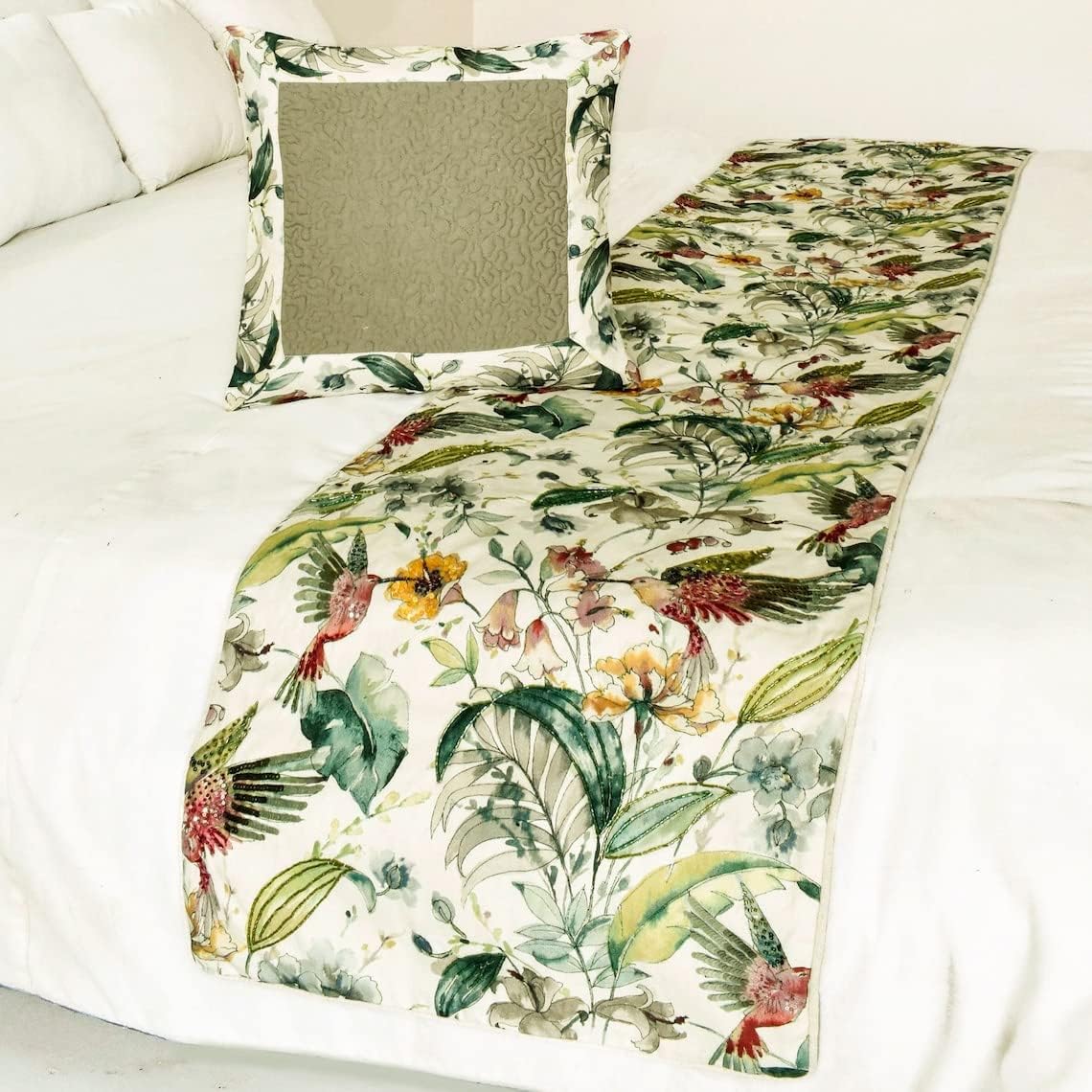 The HomeCentric King Queen Twin Ivory & Multi Designer Queen 74"x18" Bed Runner Without Pillow Cover, Bird, Sequins & Beaded Bed Scarf on Cotton Fabric - Exotic Birds