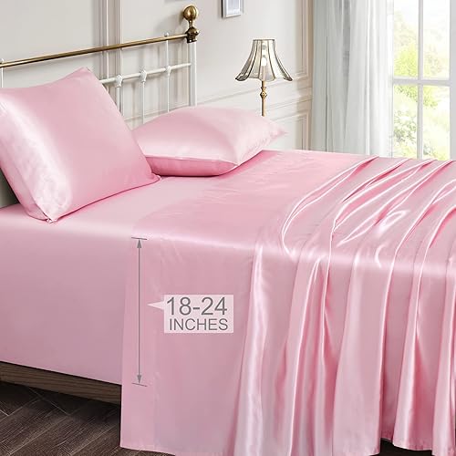 Vonty Juego de sábanas de satén con bolsillo extra profundo, sábanas de satén refrescantes y sedosas con bolsillo profundo de 18 a 24 pulgadas,