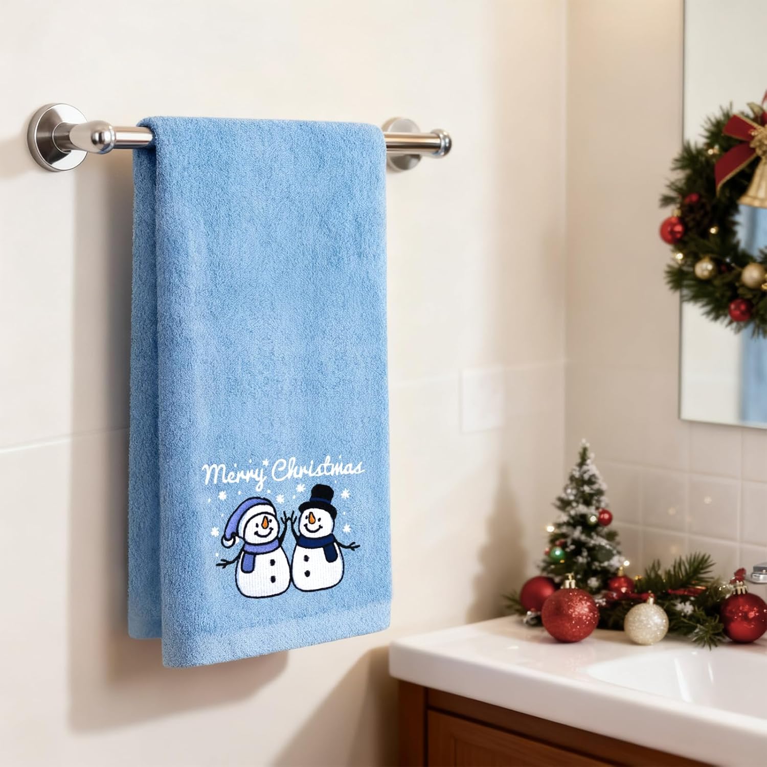 Funny Christmas Snowman Hand Towels for Bathroom Kitchen - 100% Cotton Soft Absorbent Winter Holiday Bath Towels Cute Decor - Fun Novelty Christmas Xmas Secret Santa Gifts for Women Mom -Set of 2,Blue - Image 5