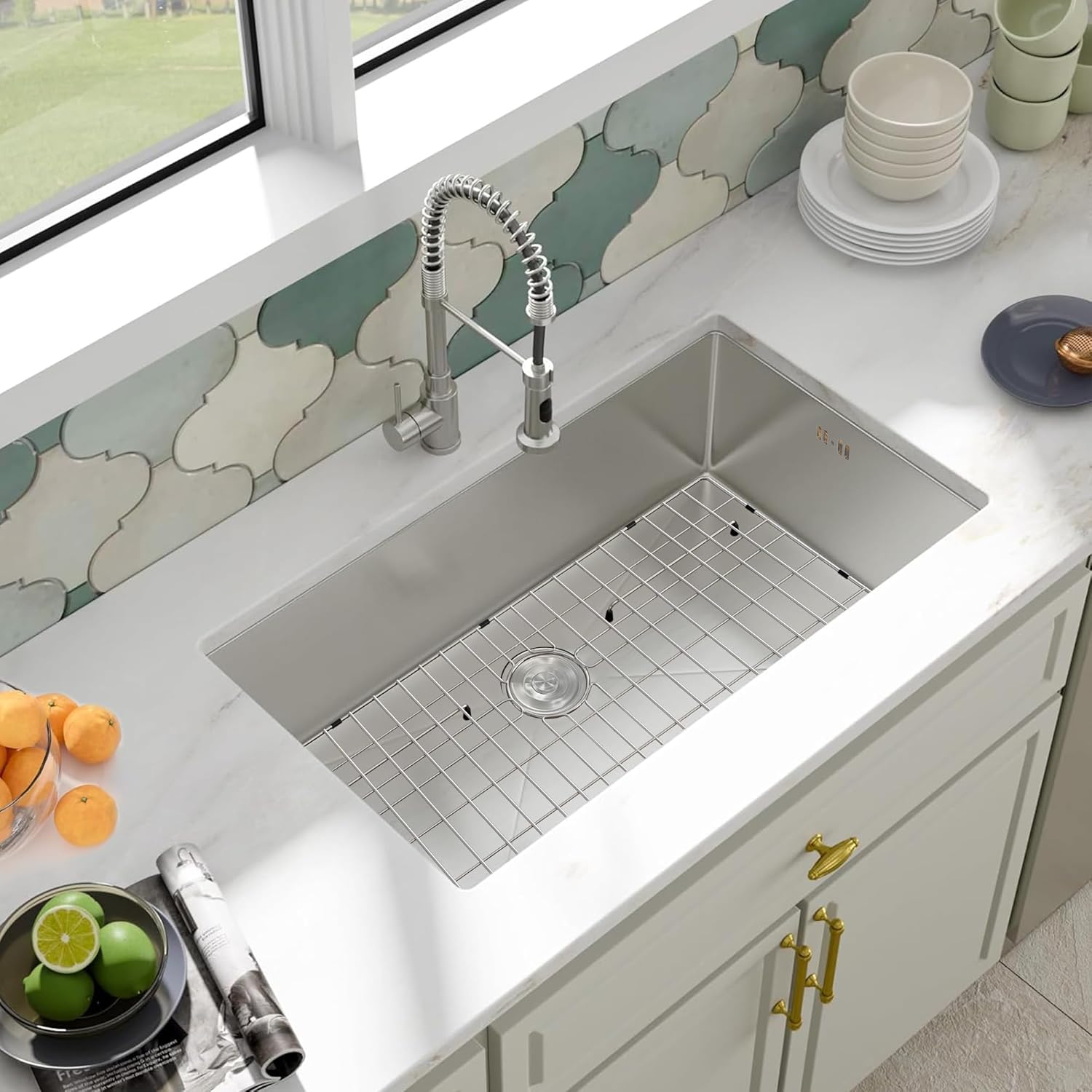 Stainless Steel Sink Grid and Protectors for Bottom of Kitchen Sink，26 x 14 Inches with Rear Drain