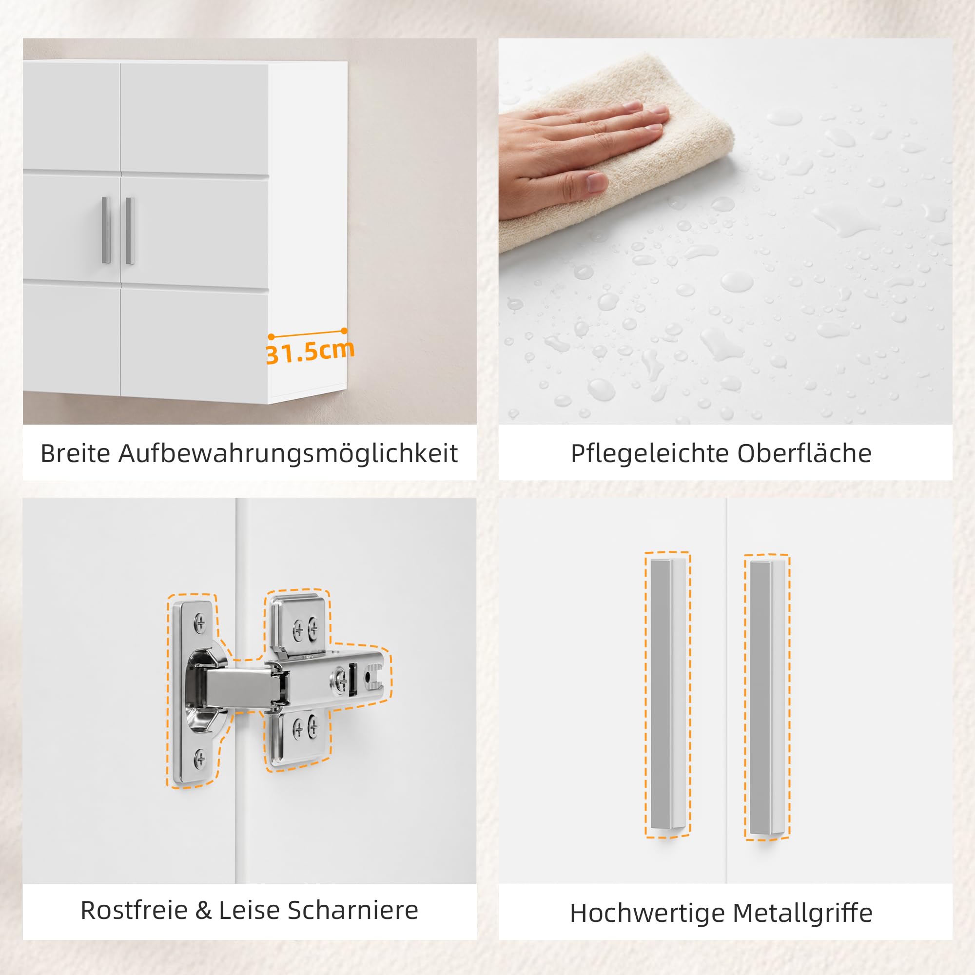 APICIZON Pensile Bagno 2 Ante, 60 × 31 × 60 cm, Bianco | Mobile bagno sospeso con ripiano interno regolabile, armadietto da parete per bagno, cucina, lavanderia o WC
