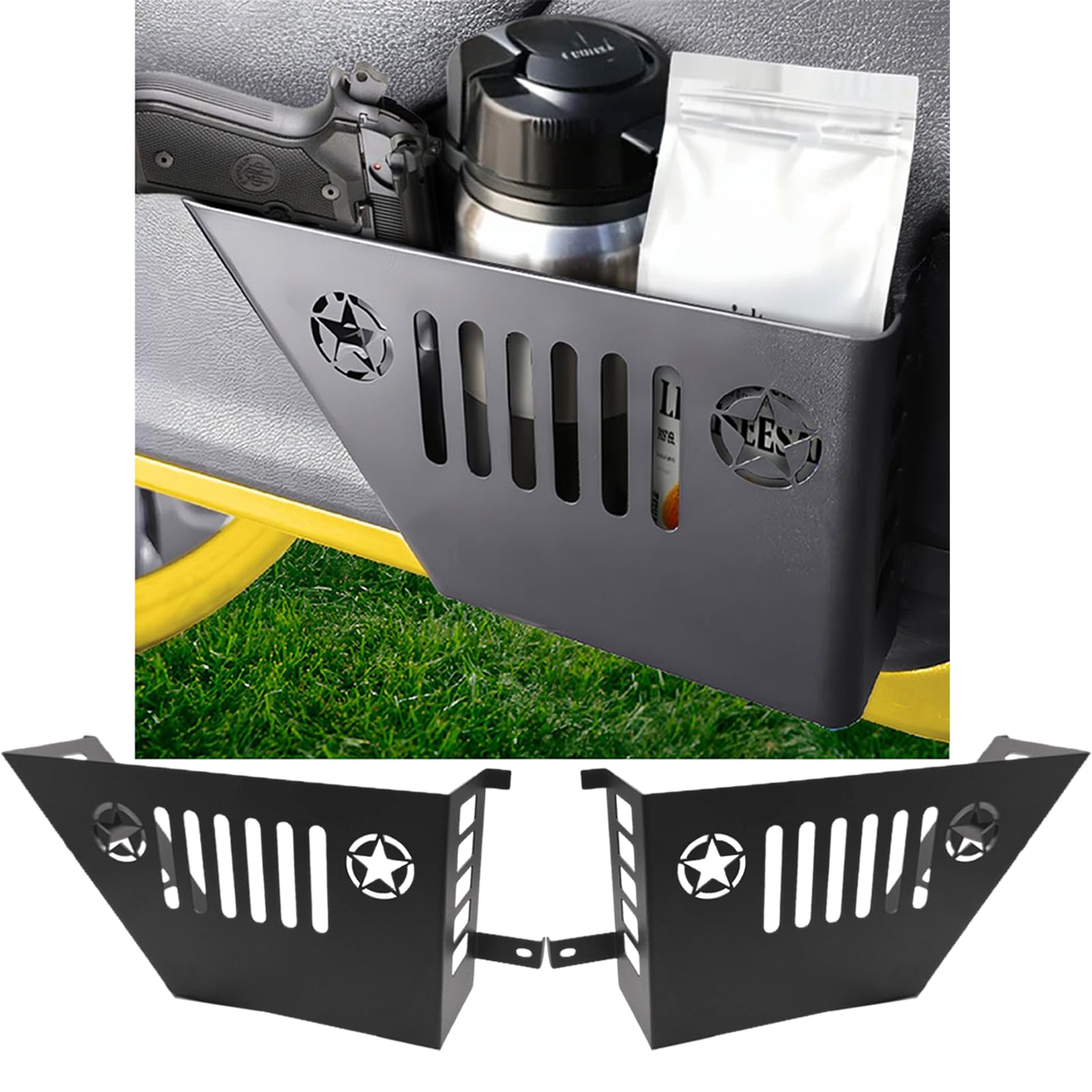 AIAUTOAIEV Grille Pattern Metal Front Door Storage Box Grille Hollowed-out Pattern Side Insert Organizer Box Pockets for 2007-2018 Jeep Wrangler JK 2/