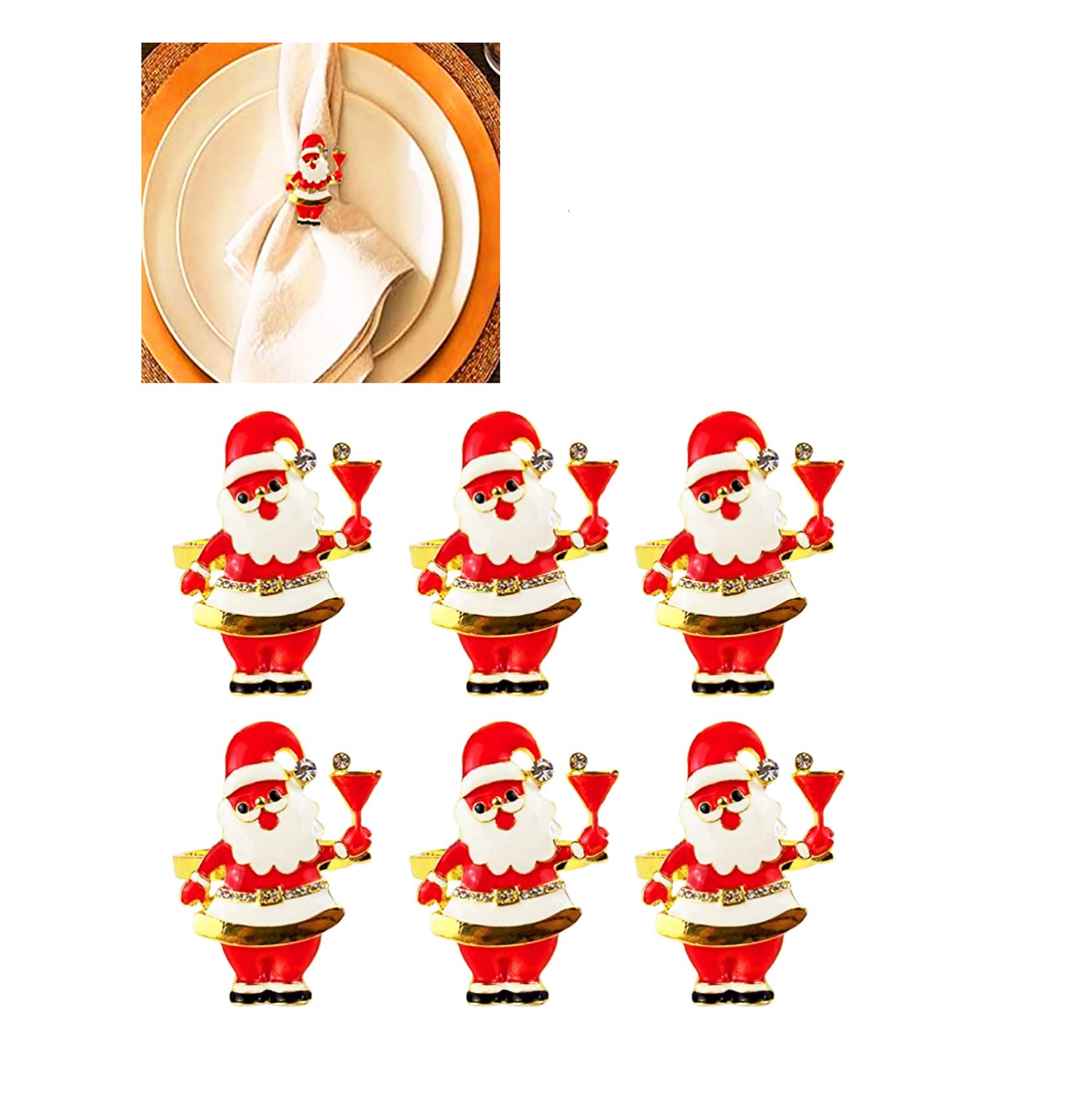 Christmas Xmas Father Santa Claus Napkin Rings,6 PCS Metal Alloy Serviette Buckles Holder for Thanksgiving, New Year,Christmas Dinner Parties