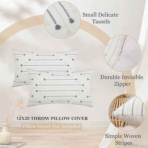 Miniatura 4 de Mecatny juego de 2 fundas de cojín bohemias y decorativas de 12 x 20 pulgadas, color beige y gris, fundas rústicas para cojines lumbares, para