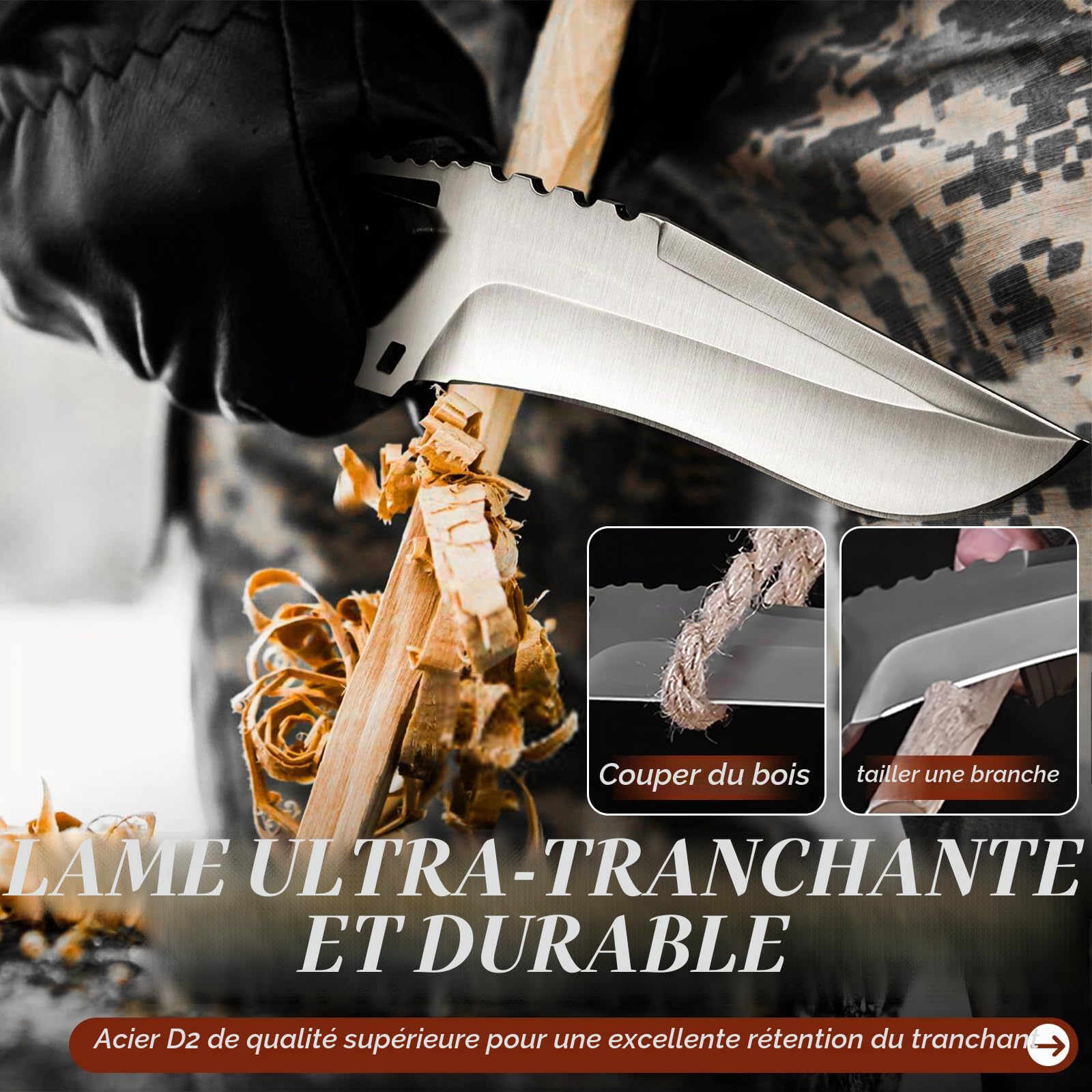 Purple Dragon Couteau Survie D2 Pleine Soie G10, Étui Kydex Camping Noir