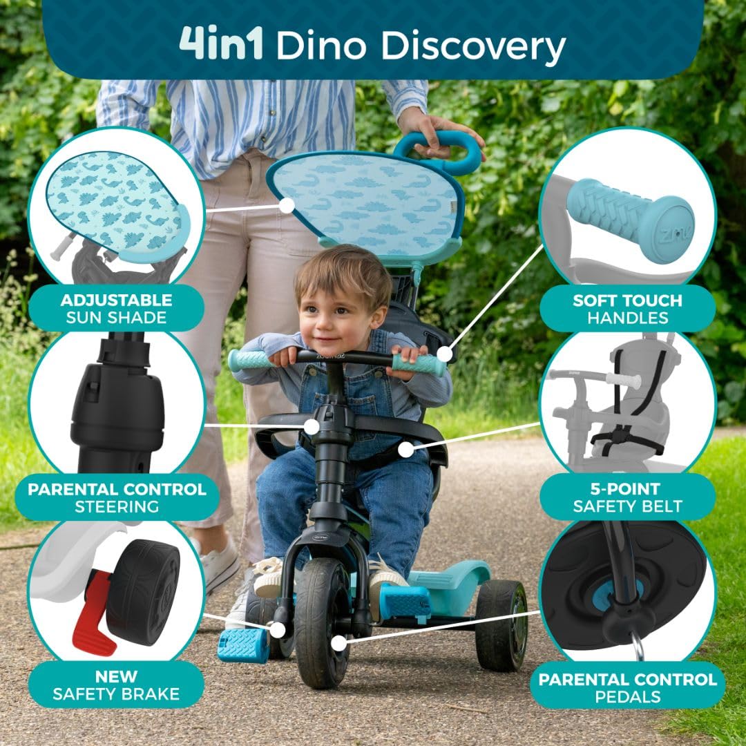 Zoomee 4 in 1 Trike - Dino Discovery, modalità blocco genitori, barra di sicurezza rimovibile, sistema di blocco di sicurezza e ruote resistenti agli urti, parasole UV regolabile, età 10-36 mesi