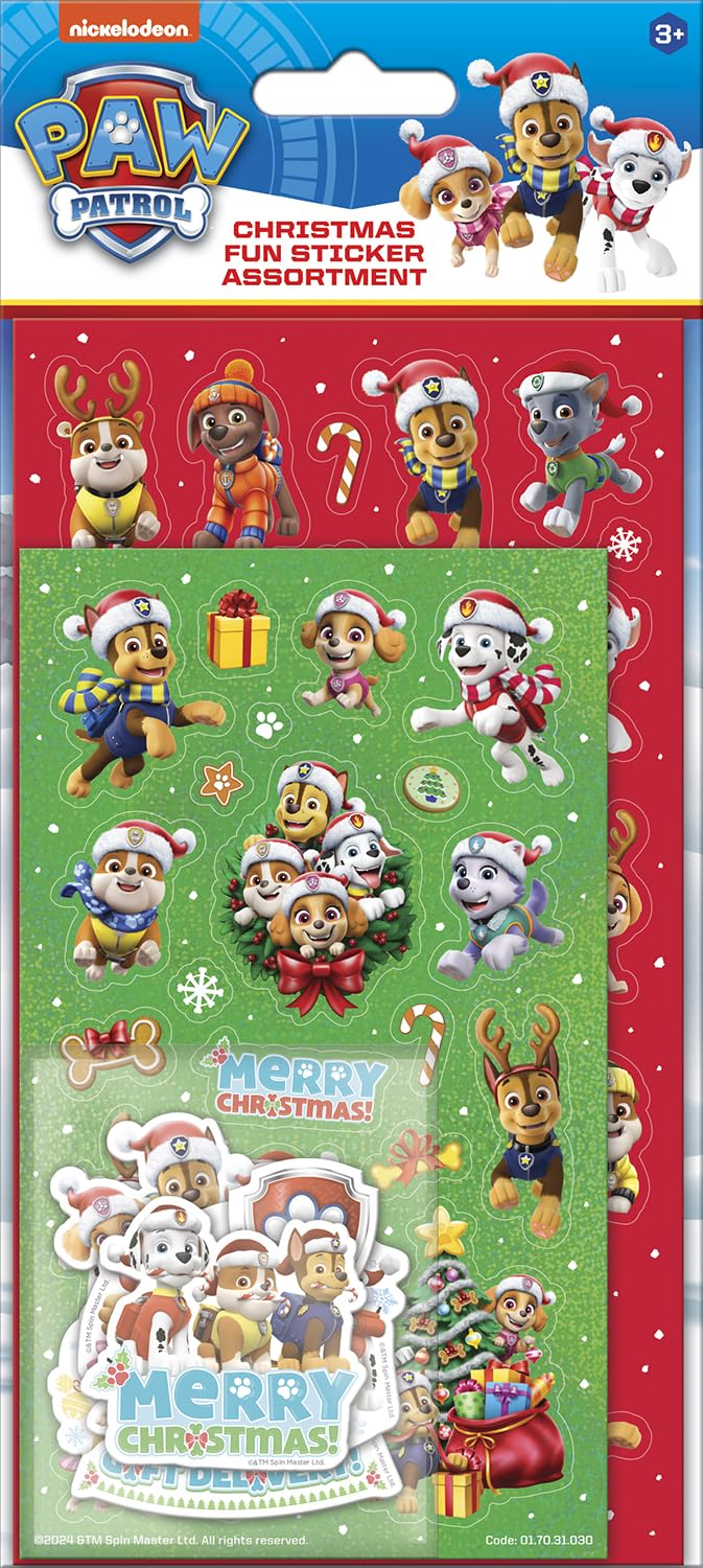 Paper Projects Multi Paw Patrol Christmas Assortment Pack, Three Types Of Stickers, 50+ In Total, Great Stocking Filler And Christmas Gifts, Reusable On Non-Porous Surfaces, Age 3+