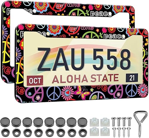 Marcos de matrícula hippie con símbolo de paz, paquete de 2 para mujeres y hombres, marcos de matrícula personalizados para automóvil, accesorios