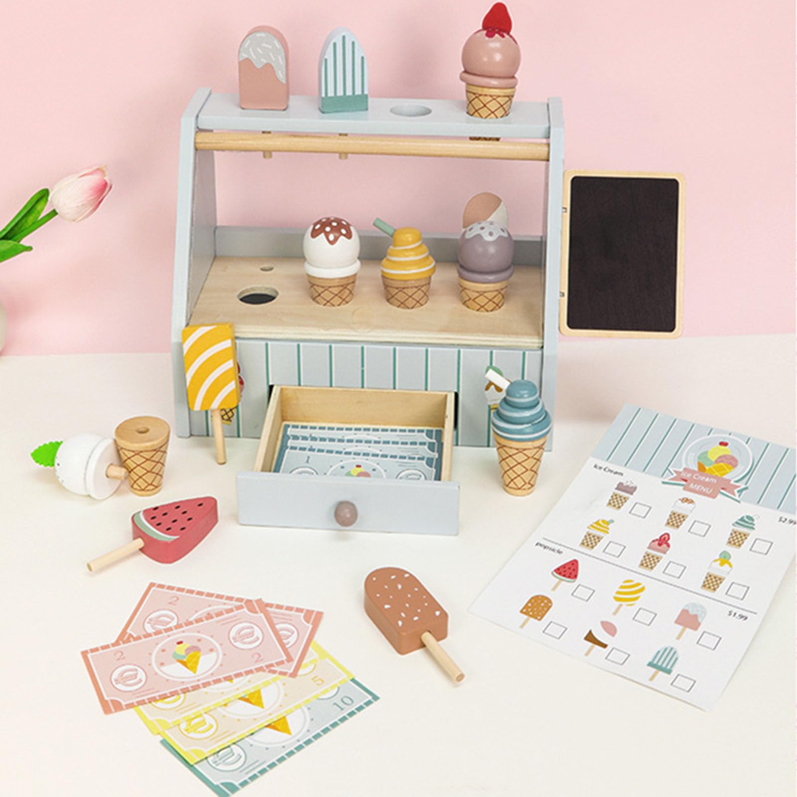 Set di Gioco del Negozio di Gelato in Legno, Stand di Gelati e Ghiaccioli da Gioco con Accessori