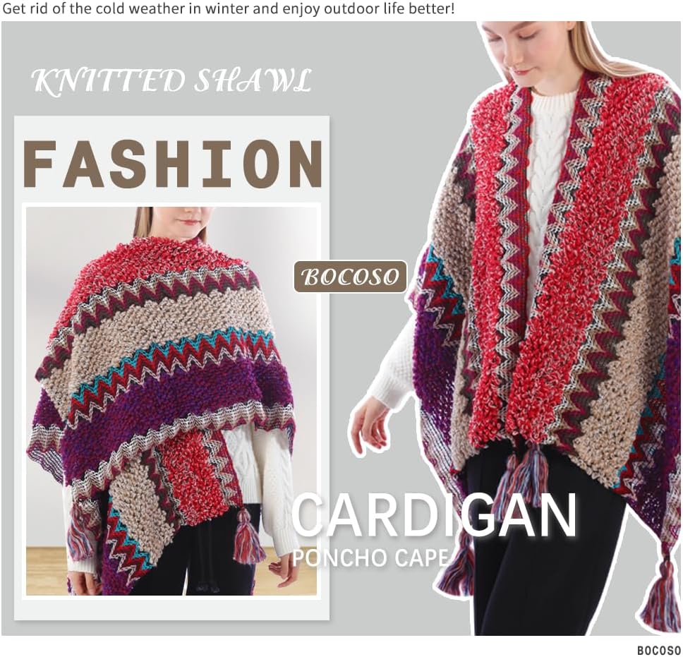 Knit Shawl Wrap Poncho Cape for Women, Ladies Knitted Cardigan Kimono with Fringe for Fall Winter - Image 2