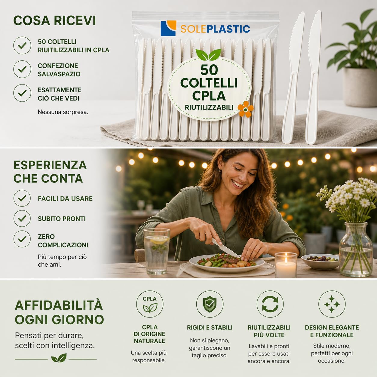 SOLEPLASTIC 50 Coltelli Riutilizzabili da 16 cm Bianco, Posate Ecologiche Resistenti per Catering, Feste, Eventi, Casa e Buffet