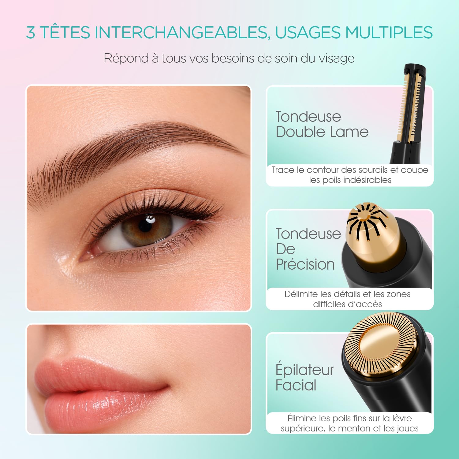 VOGOE Épilateur Visage Femme 3-en-1, Tondeuse à Sourcils Électrique Indolore, Rechargeable et Étanche avec Peigne, pour Sourcils, Lèvre Supérieure, Menton et Joues (Noir)