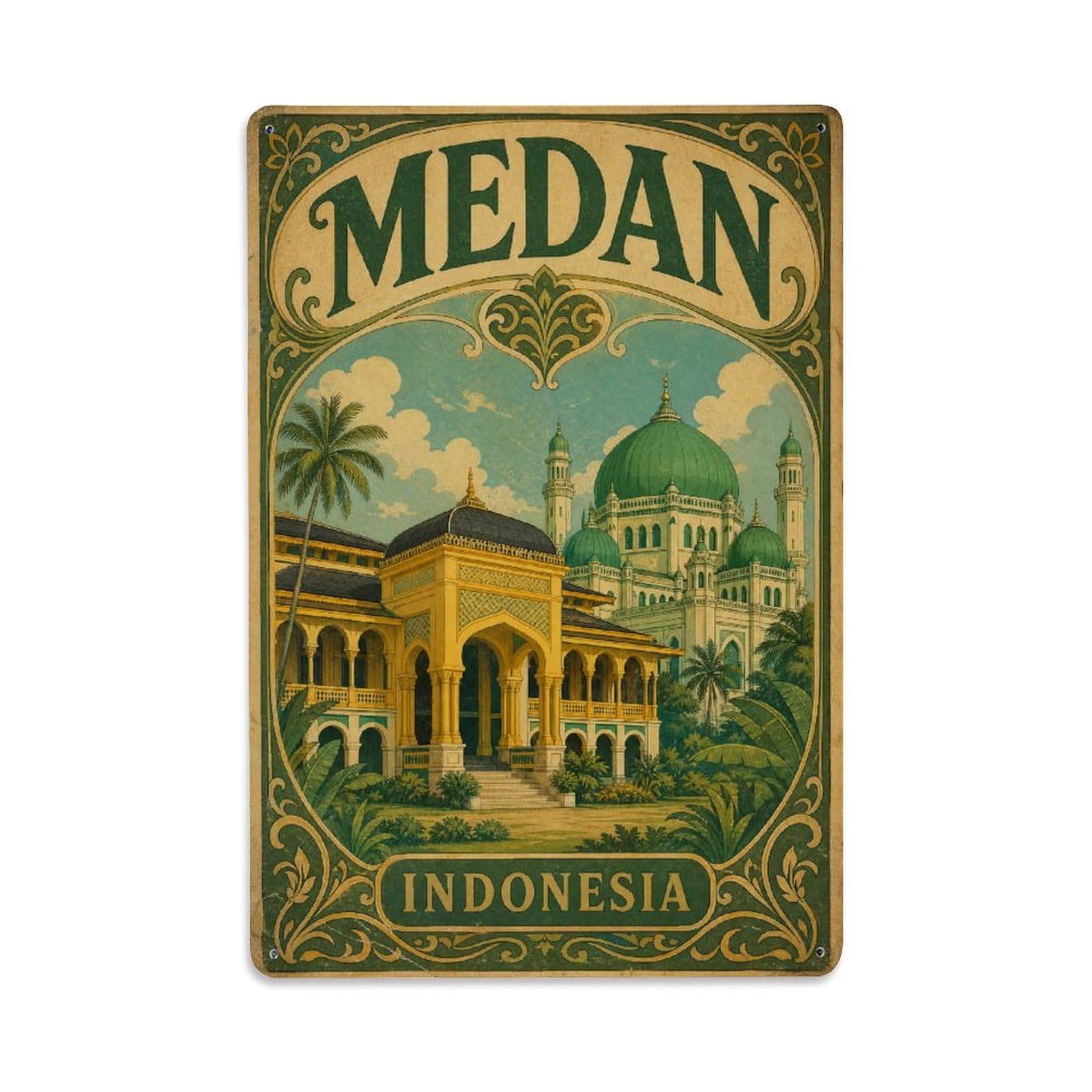 Vintage Travel Indonesia Medan Metal Tin Sign Plaque Wall Decor for Cafe, Club Bar, Office, Garden Metal Poster 8x12Inch