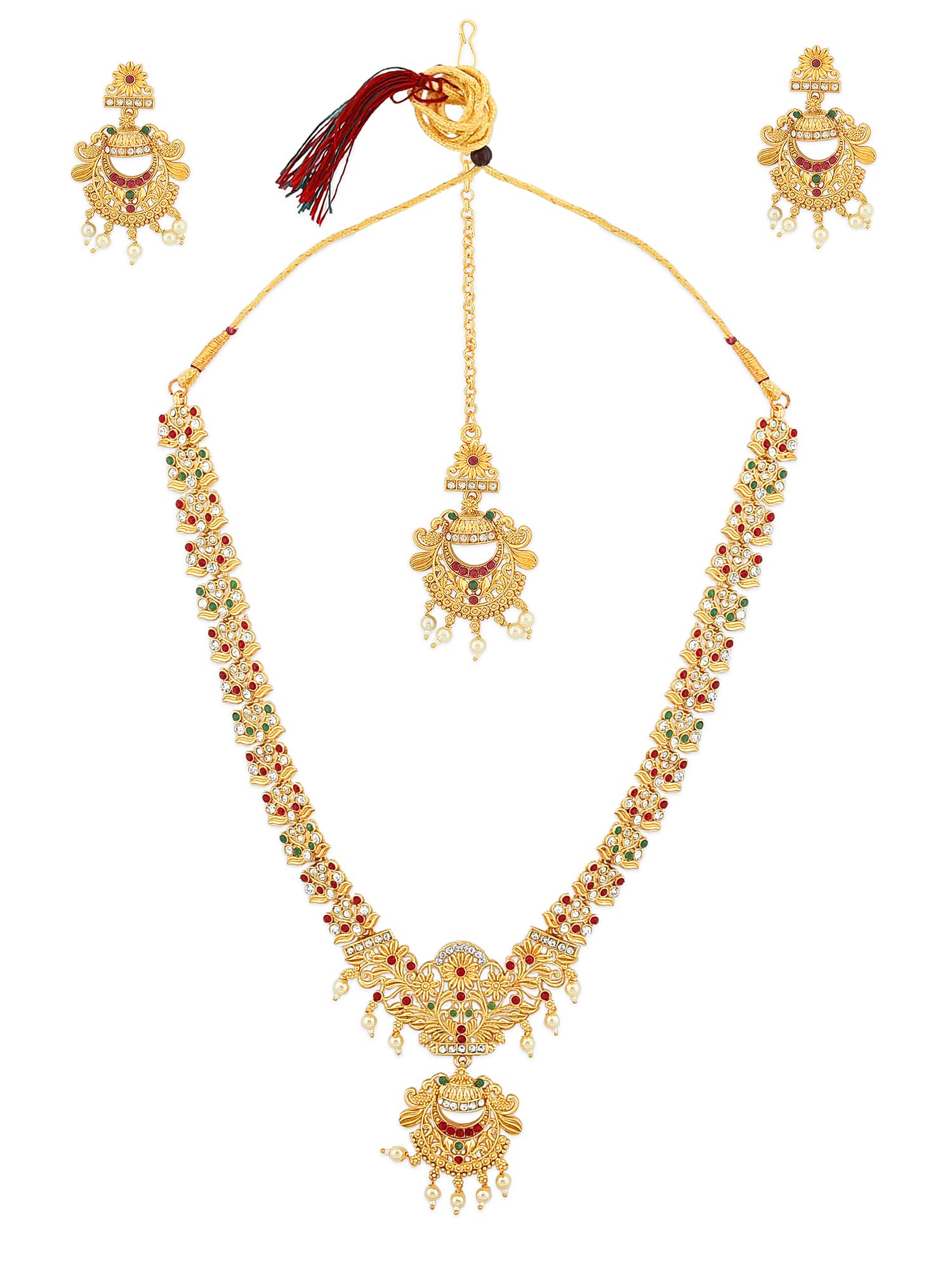 ZAVERI PEARLS Green & Pink Stones Floral Long Necklace Earring & Maangtikka Set For Women-ZPFK11563 (B09NMBT2VN) Amazon Price History, Amazon Price Tracker