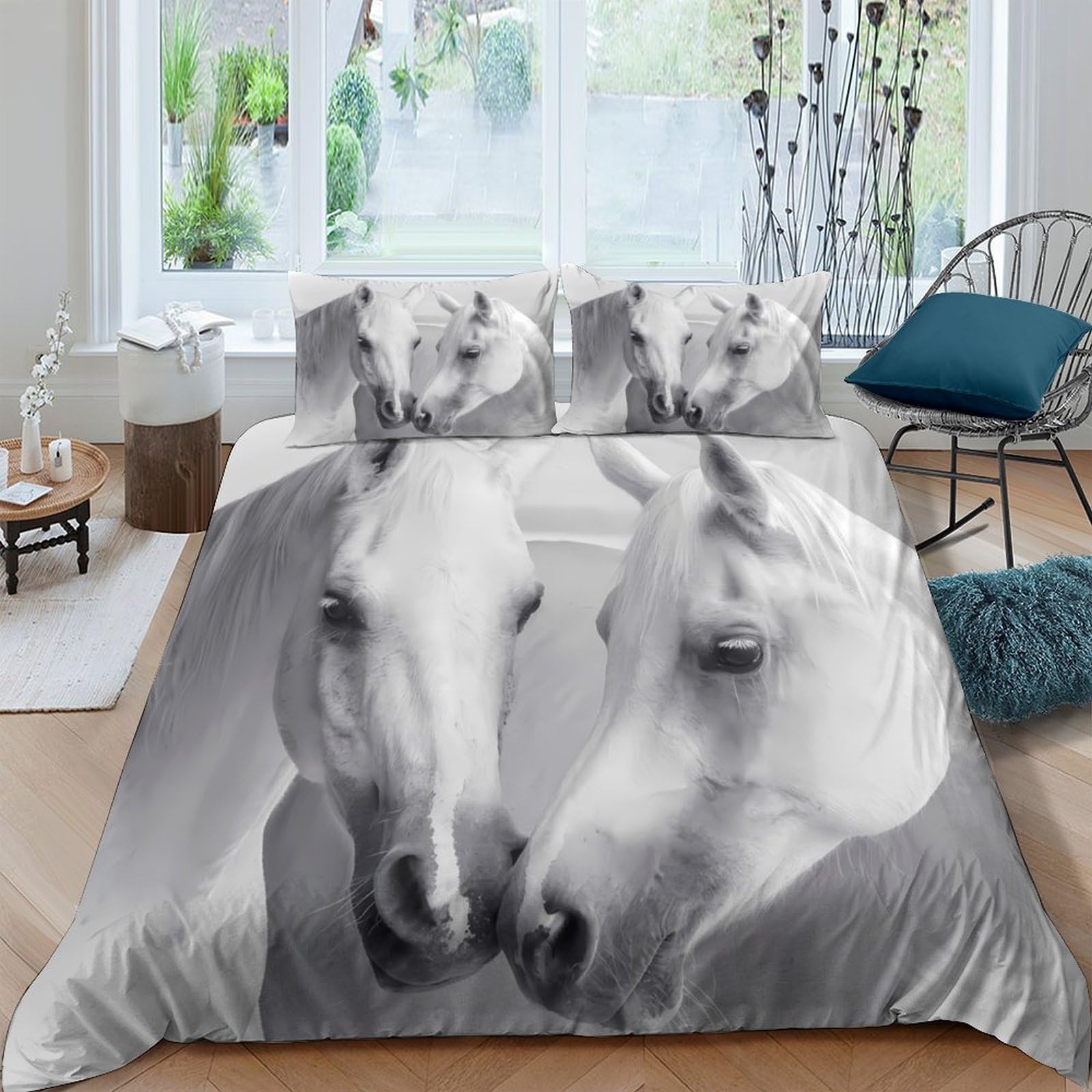Ctjqhvkz Style-7 3D Printed White Horse Love Fitted Sheet Microfiber Soft Breathable Romantic Animal Bed Cover For Bedroom Guest Room Decor Single（135X200cm）
