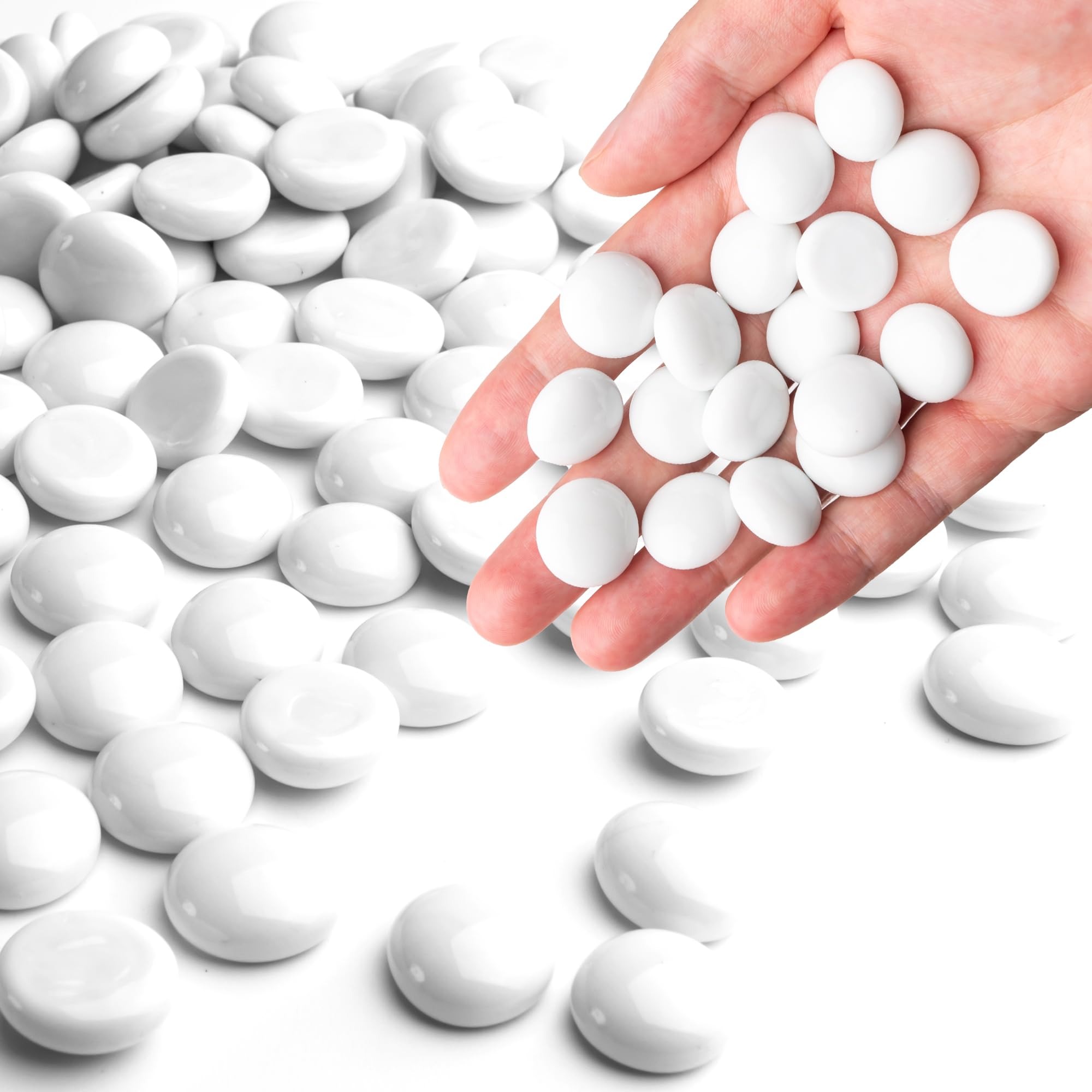 0.44KG White Glass Marbles, Flat Glass Beads for Vases, Mosaic Gem Pebbles for Aquarium Decor, Floral Arrangements Vase Filler Smooth Mancala Stones and Crafts Approx. 85-100PCS