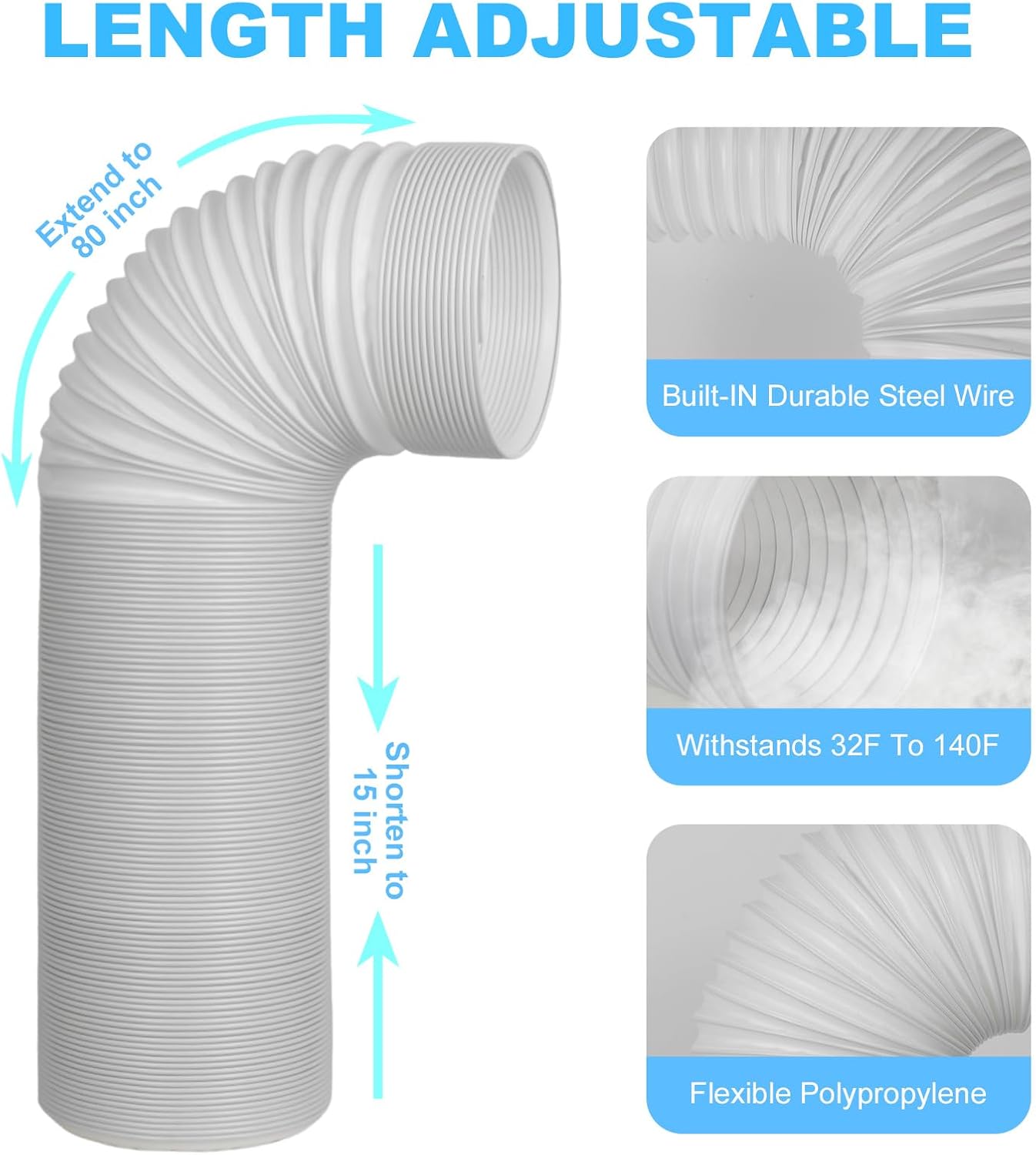 5 Inch Portable AC Air Conditioner Hose Anti-Clockwise Thread & Length up to 80" Support Counter-Clockwise Thread, AC Hose Compatible with Haier, LG, Delonghi and More (5" Hose- Anti Clockwise)