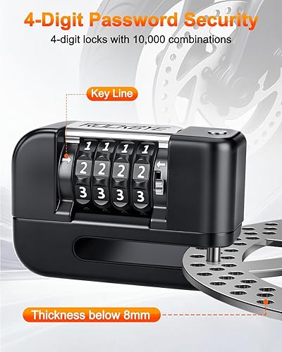 Miniatura 3 de Cerraduras antirrobo, combinación de 4 dígitos, bloqueo de freno de disco con cable de recordatorio de 5 pies para bicicletas eléctricas,