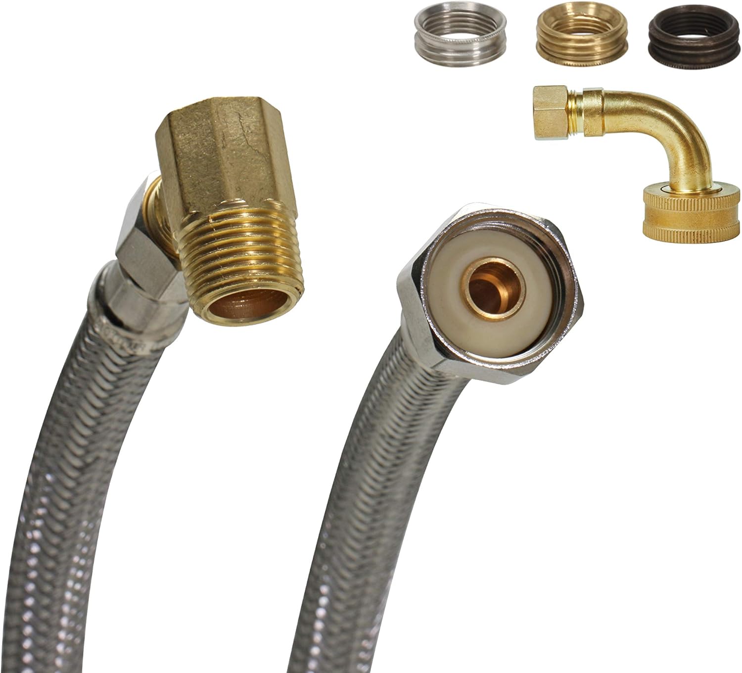 Fluidmaster 1W48CUK Dishwasher Connector With 3/8-Inch and 3/4-Inch Elbow Fittings And Size Adaptors, Braided Stainless Steel - 3/8 Compression, 7/16 Compression, 1/2 Compression, or 1/2 F.I.P. Thread x 3/8 Compression Thread, 48-Inch Length