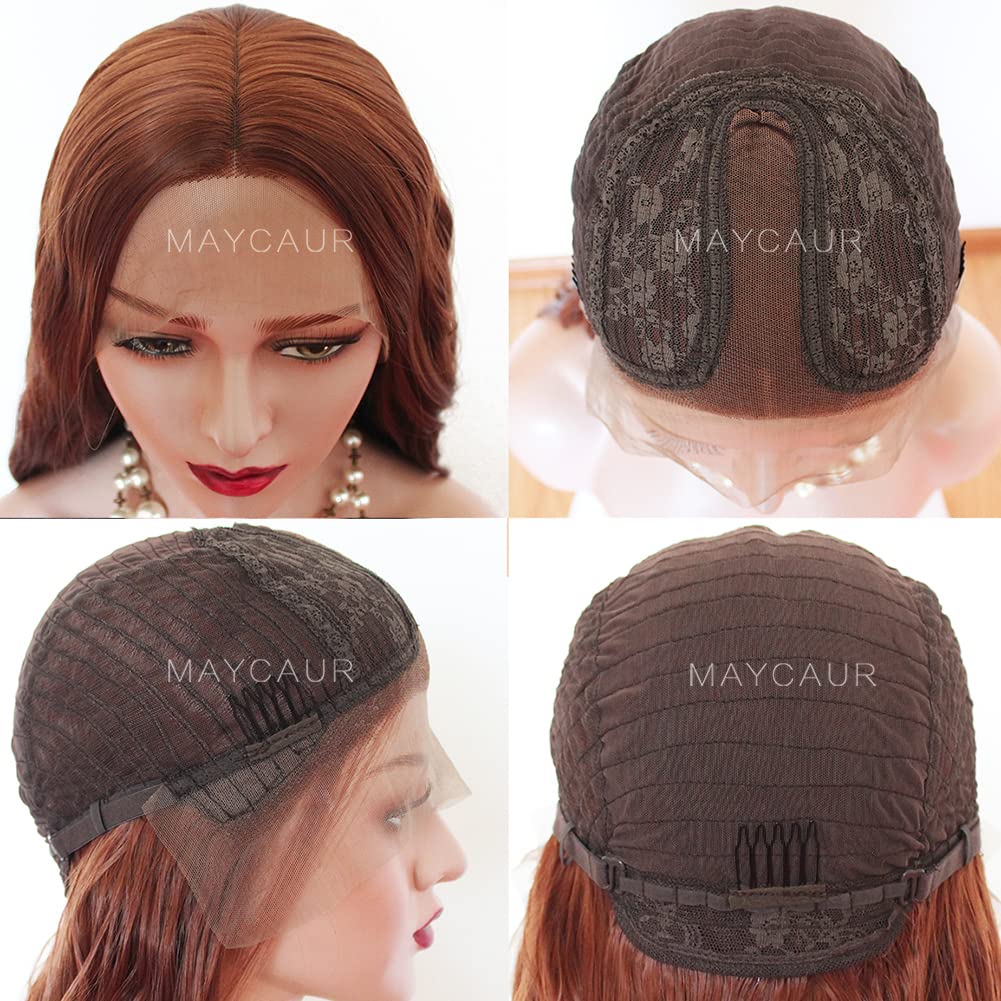 Maycaur Ginger Lace Front Wigs Long Wavy Hair Glueless Synthetic Lace Front Wigs for Fashion Women Reddish Brown Color Half Hand Tied Wigs Heat Resistant Soft Fiber Hair