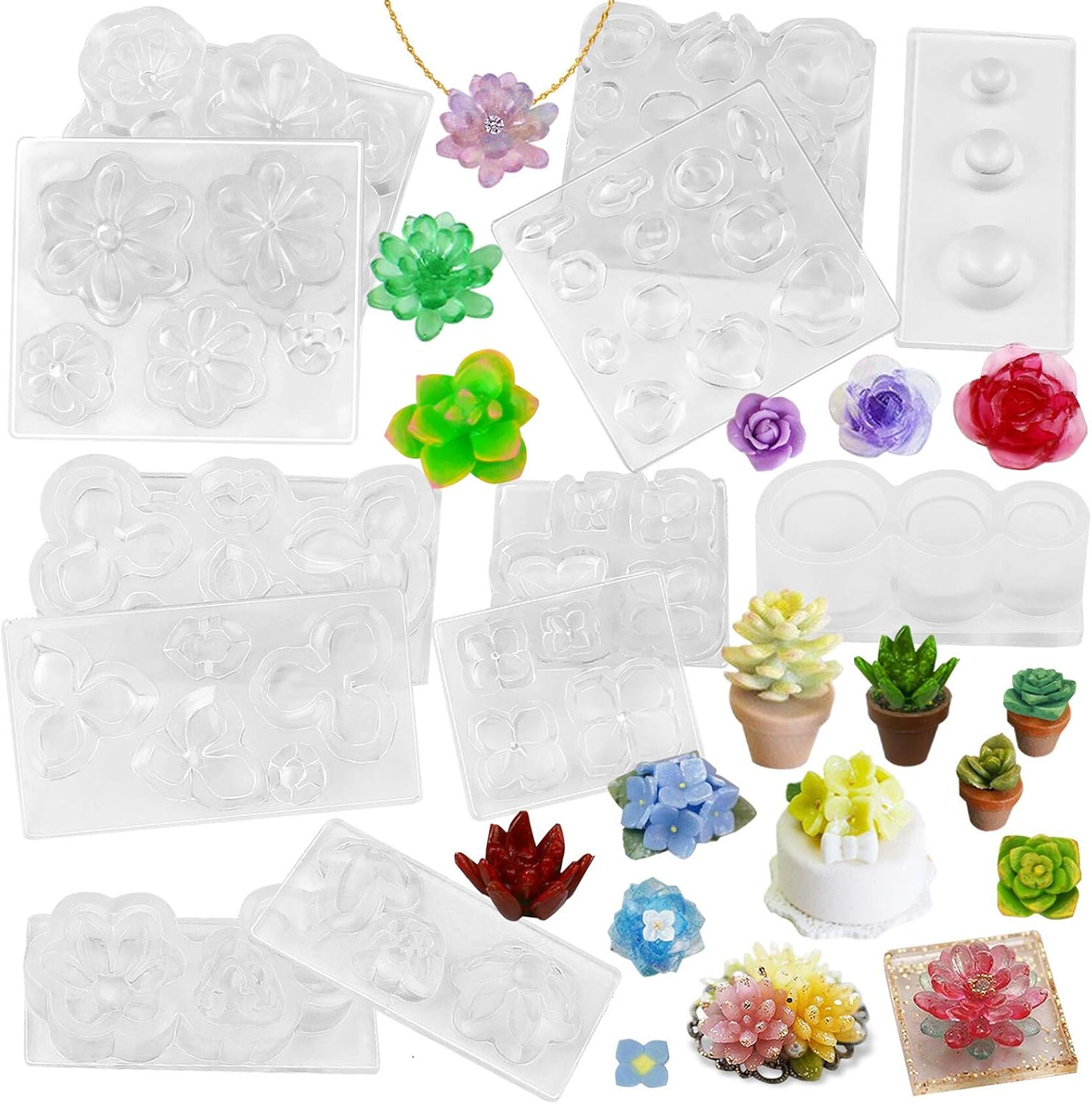 FUNSHOWCASE Miniature Succulent Flower Pot Resin Silicone Molds Set of 6 Mini Trays for Jewelry Casting Bracelet Charm Earrings Pendant Ring Ornament