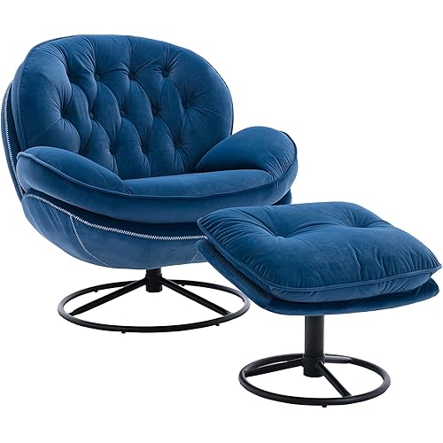 SSLine Velvet Swivel Accent Chair with Ottoman Set,Modern Lounge Chair with Footstool,Comfy Armchair TV Chair with Metal Legs for Home Office Living Reading Room Bedroom (Blue-2)