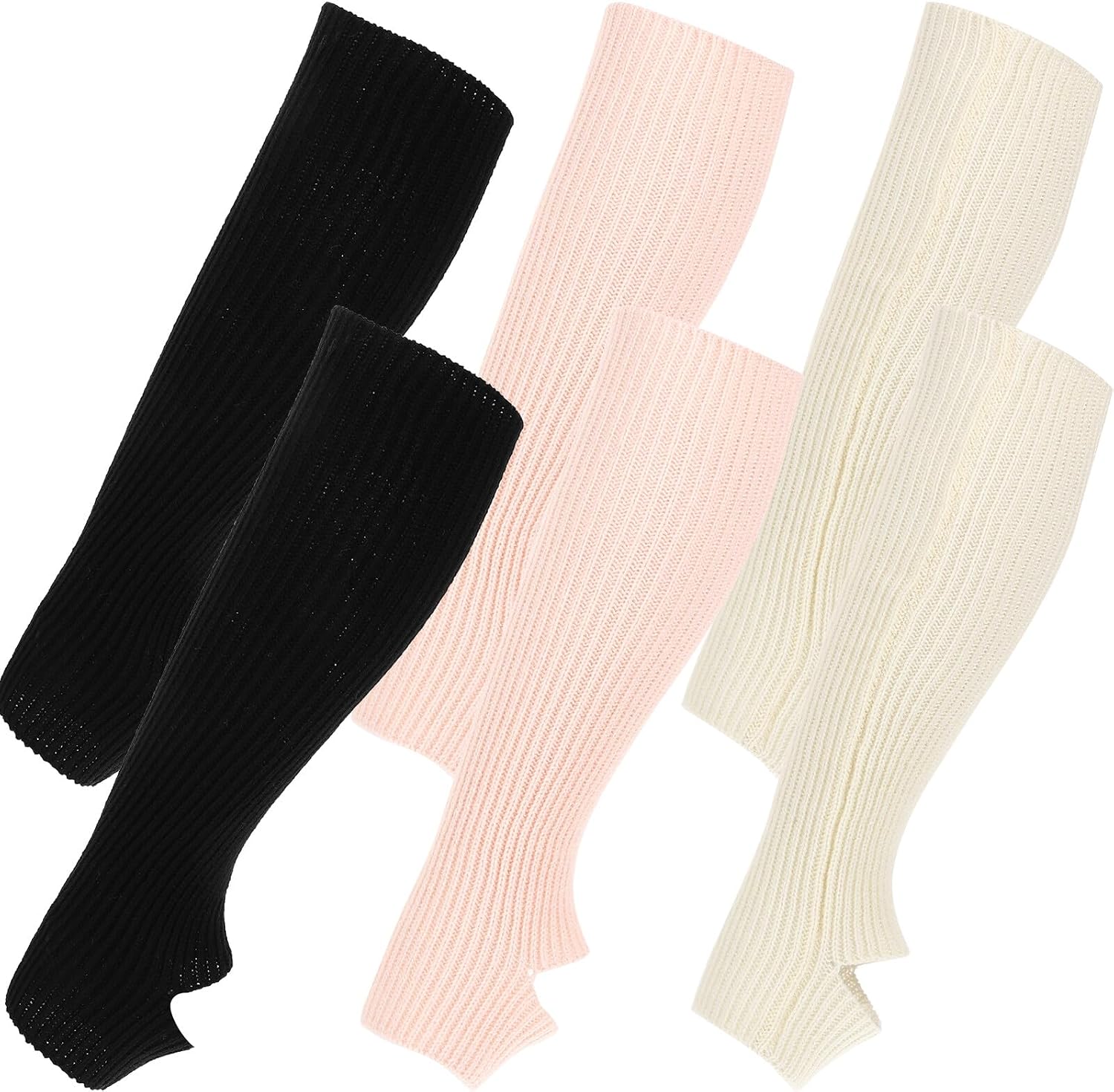 3 Pairs Women’s Knitted Leg Warmers for Ballet and Yoga, Long Winter Warm Leg Covers in Black, Ivory, and Nude Pink for Dance and Exercise