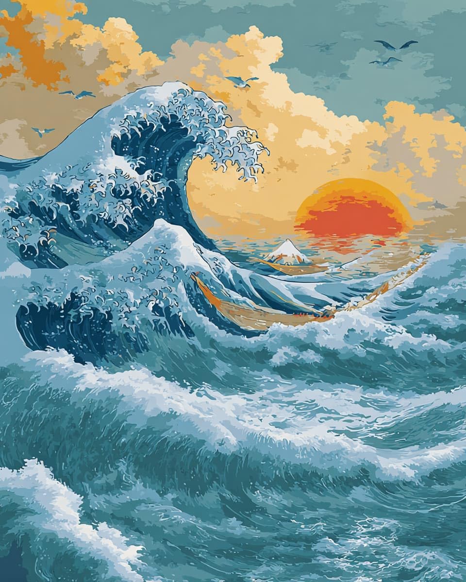 AMBATTERY Art Cross Stitch Kits for Adults 11CT, Ocean and Sunrise Printed Cross Stitch Kits, Stamped Embroidery Kits for Adults Wall Art Home Decoration
