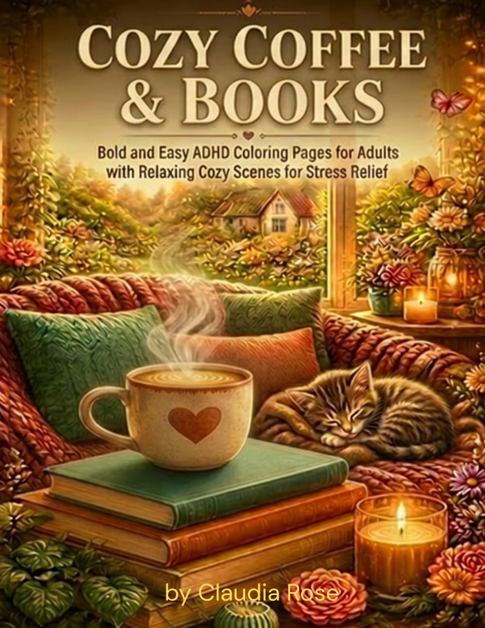 COZY COFFEE & BOOKS: Bold and Easy ADHD Coloring Pages for Adults with Relaxing Cozy Scenes for Stress Relief