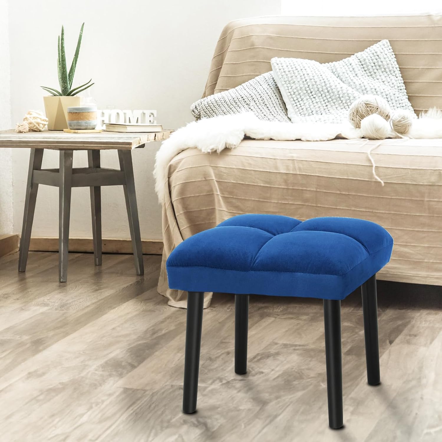 HOUCHICS Soft Vanity Stool Blue Ottoman Stool, Square Makeup Vanity Chair with Wooden Legs, Small Ottoman Chair for Vanity, Modern Padded Sofa Seat Foot Rest Stools(Blue)