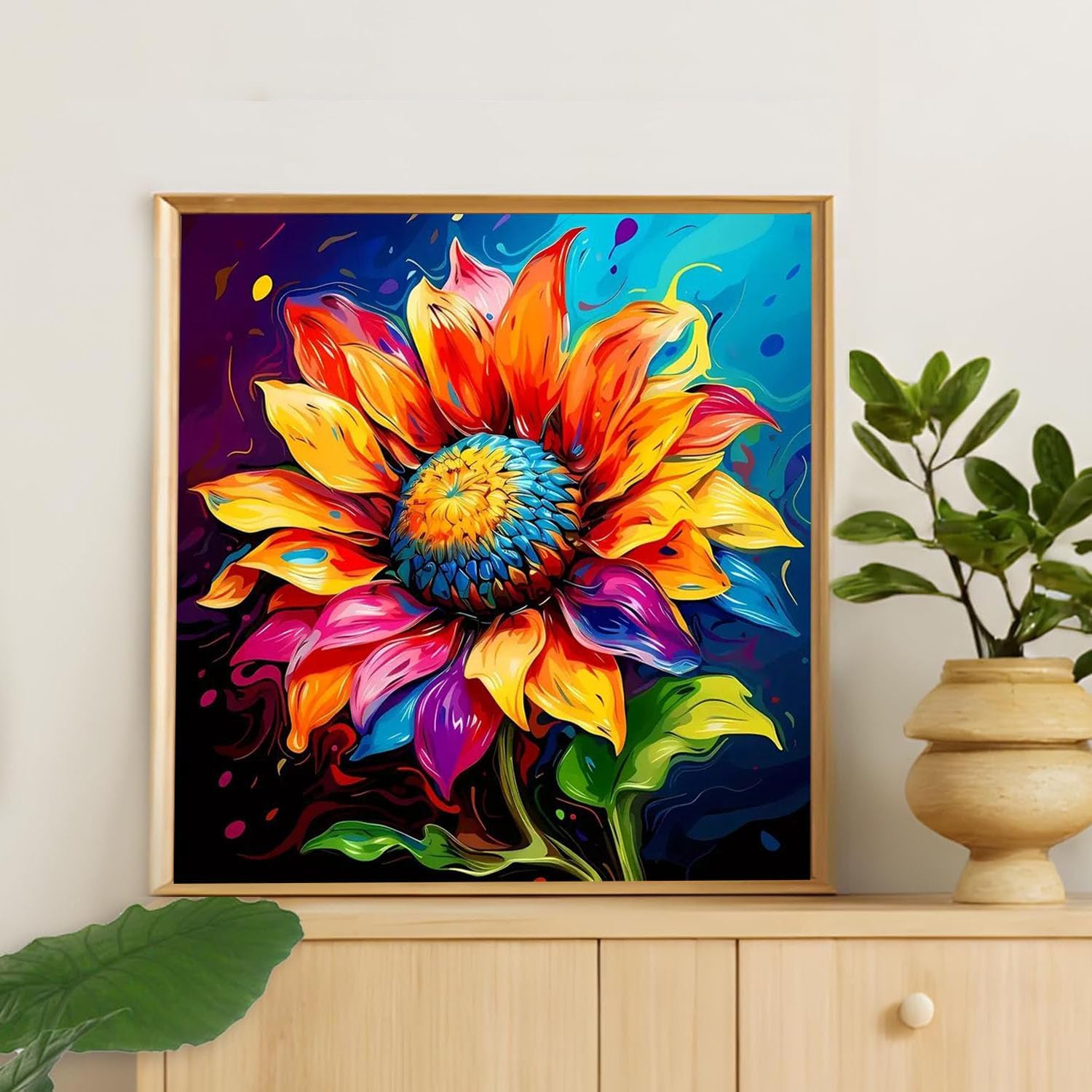 ヒマワリペイントバイナンバーキット 大人用 初心者向け - 木製イーゼル、フレーム付き数字による花のペイント、キャンバス上の数字キッ