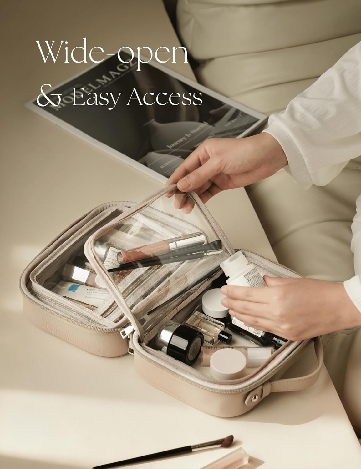 Clear Cosmetic Bag Double Layer 4 Compartments Travel Toiletry Bag Clear Makeup Bag Case with Zipper Transparent Travel Bag for Toiletries, Gift for Women Girls (Taupe, Small) - Image 2