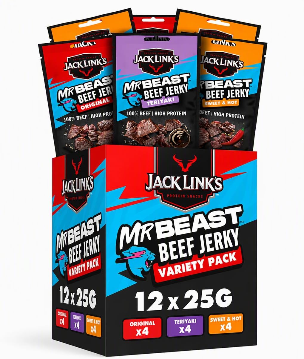Jack Link's Beef Jerky Suszone Mięso Wołowe, Wysokobiałkowa Przekąska na Zewnątrz, na Siłownię, na Trening, Amerykańska Przekąska, Chipsy z Suszonej Wołowiny, Karton Mieszany, 12 Szt. (12 x 25 G)