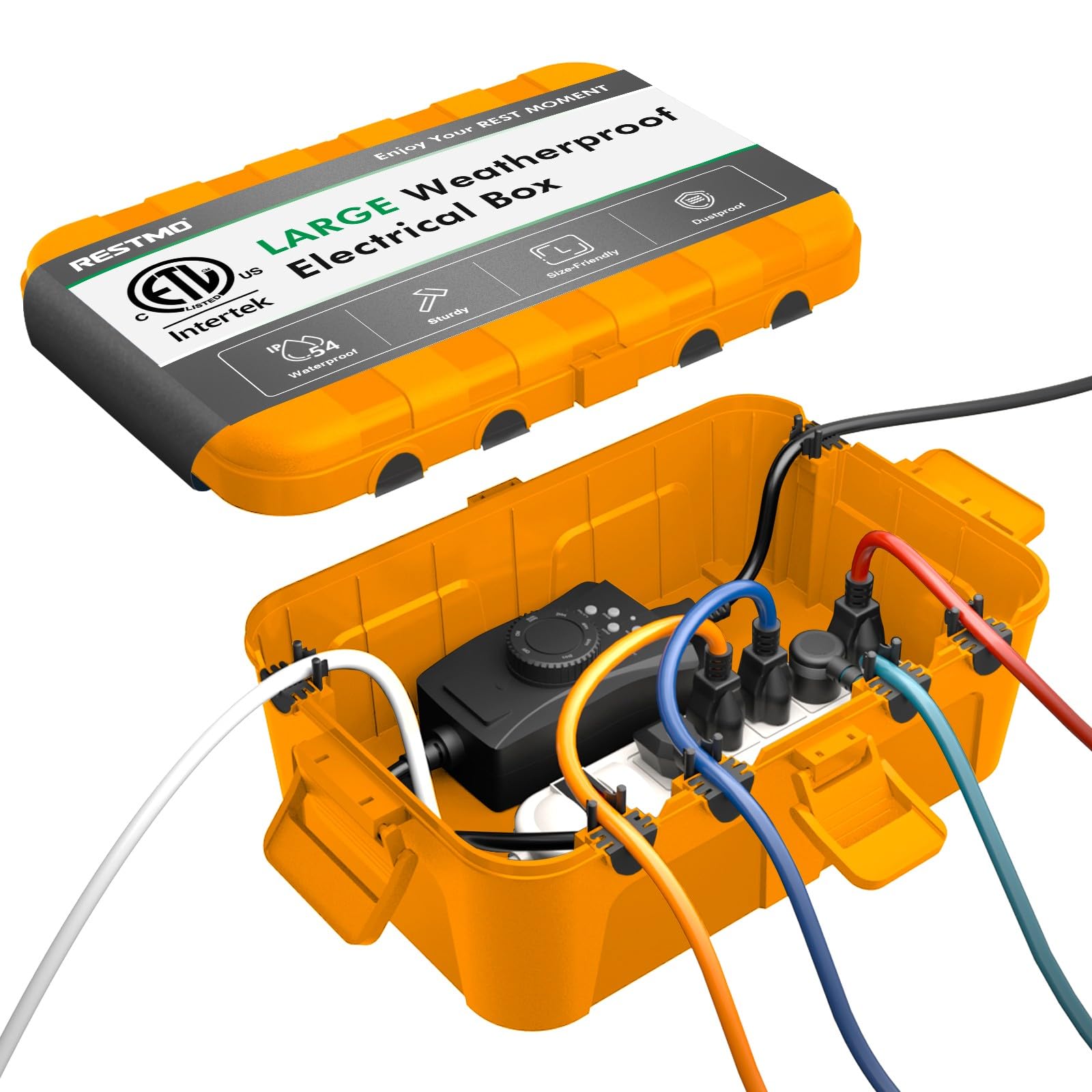RESTMO Extra Large Waterproof Electrical Box (12.6×8.7×5.1 in), IP54 Weatherproof Outdoor Extension Lead Cover, Protect Outlet, Plug, Socket, Timer, Power Strip, Holiday Light Decoration, Orange — image 1