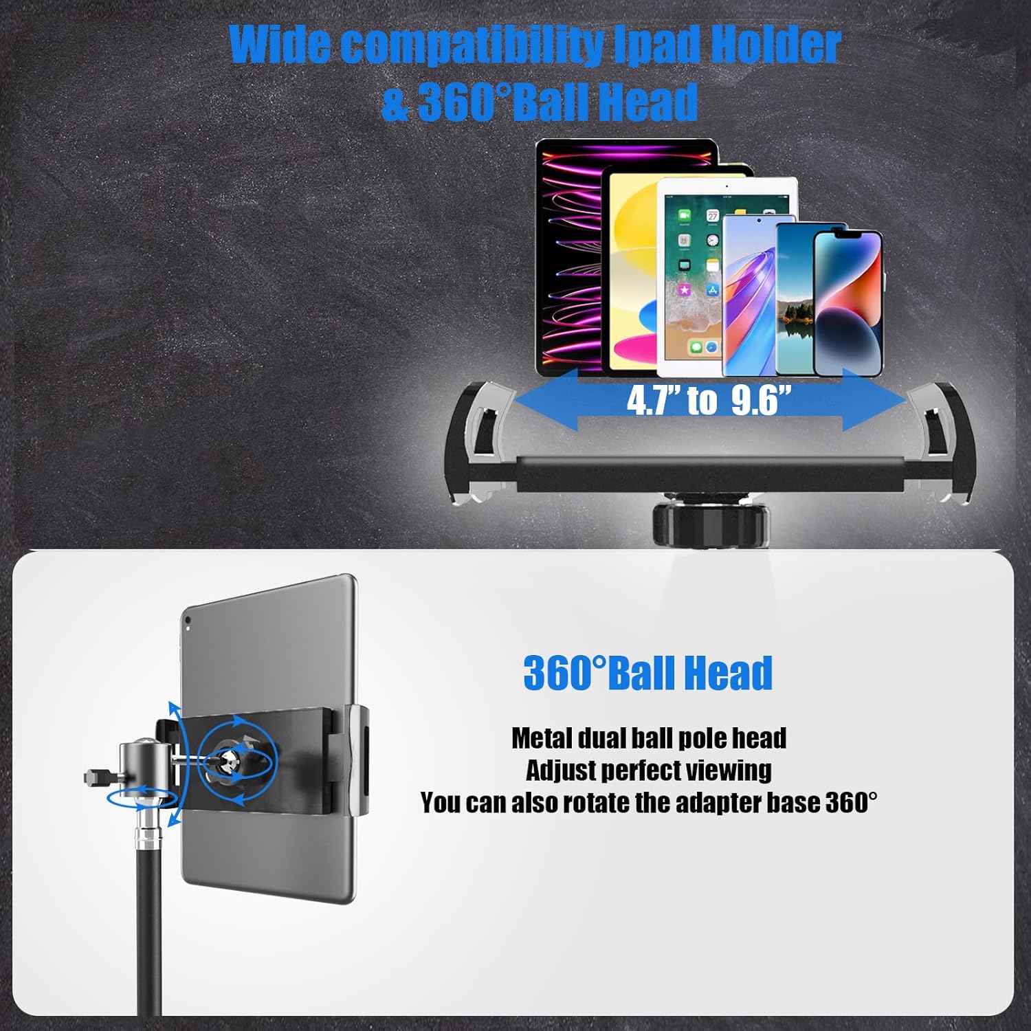 Kereal Microphone Stand Floor Boom Mic Stand with 360° Ball Head Tablet Holder, Two Mic Clips for Singing, Portable Mic stands Adjust Hight From 17” to 83” for Studio, Stage, Karaoke, DJ, Kids