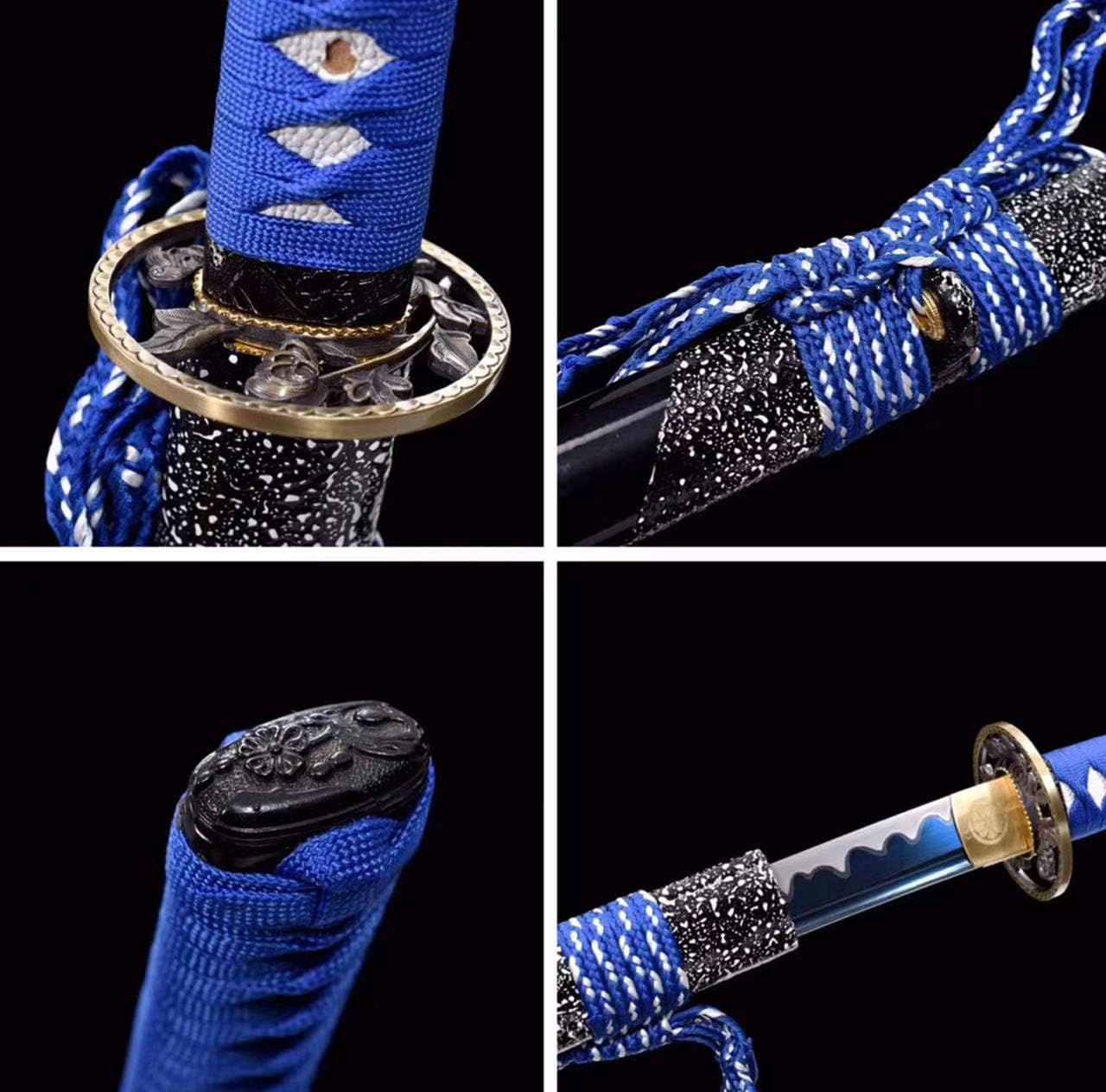 Handmade Razor Sharp Japanese Samurai Sword Real Combat Ready Katana,Damascus Folded Steel,T1095 High Carbon Steel Full Tang Blade (Blue Blade Flowers Tsuba Katana)