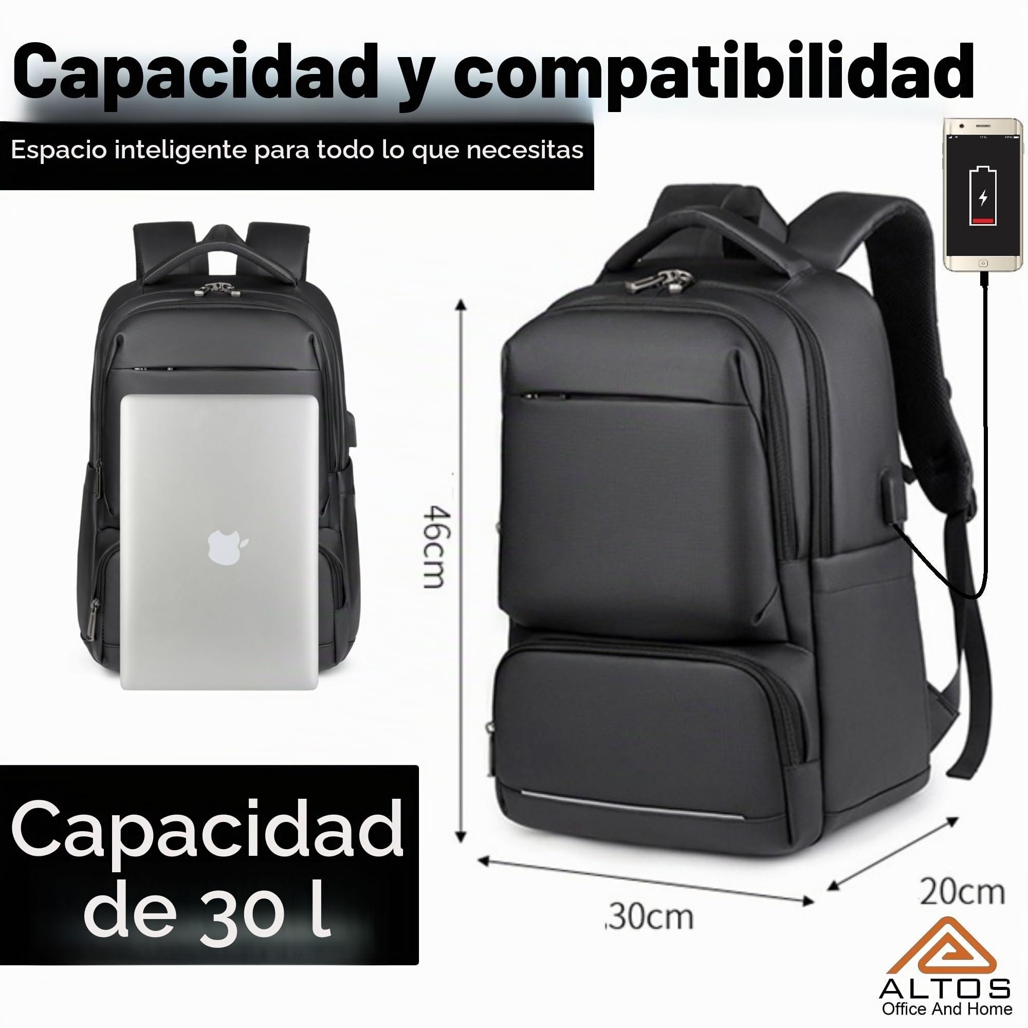ALTOS OFFICE AND HOME Mochila de piel sintética para laptop, elegante, impermeable y duradera para portátiles de 15.6 pulgadas con puerto de carga USB, correas acolchadas, múltiples compartimentos y