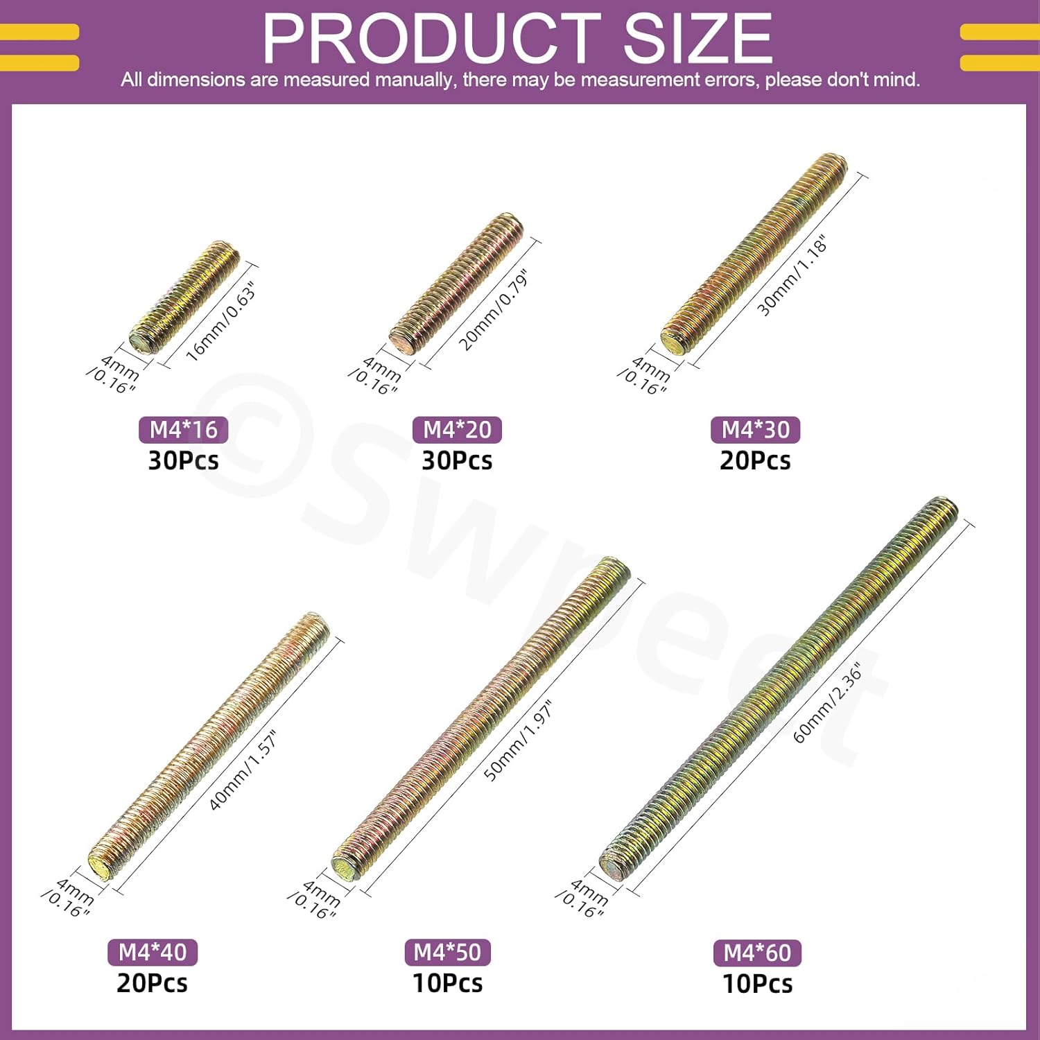 Swpeet 120Pcs 6 Sizes M4 x 16/20/ 30/40/ 50/ 60mm Galvanized Carbon Steel Fully Threaded Rod Assortment Kit, Threaded Rods Bar Studs for Furniture Machinery Assembly