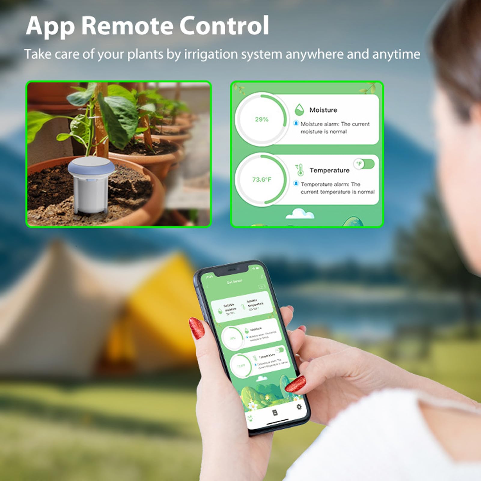 Sensor de Suelo WiFi, Bluetooth Inalámbrico 5.0 IP66 Monitor de Temperatura a Prueba de Agua con Control Remoto de la Aplicación para Plantas en Macetas Cuidado