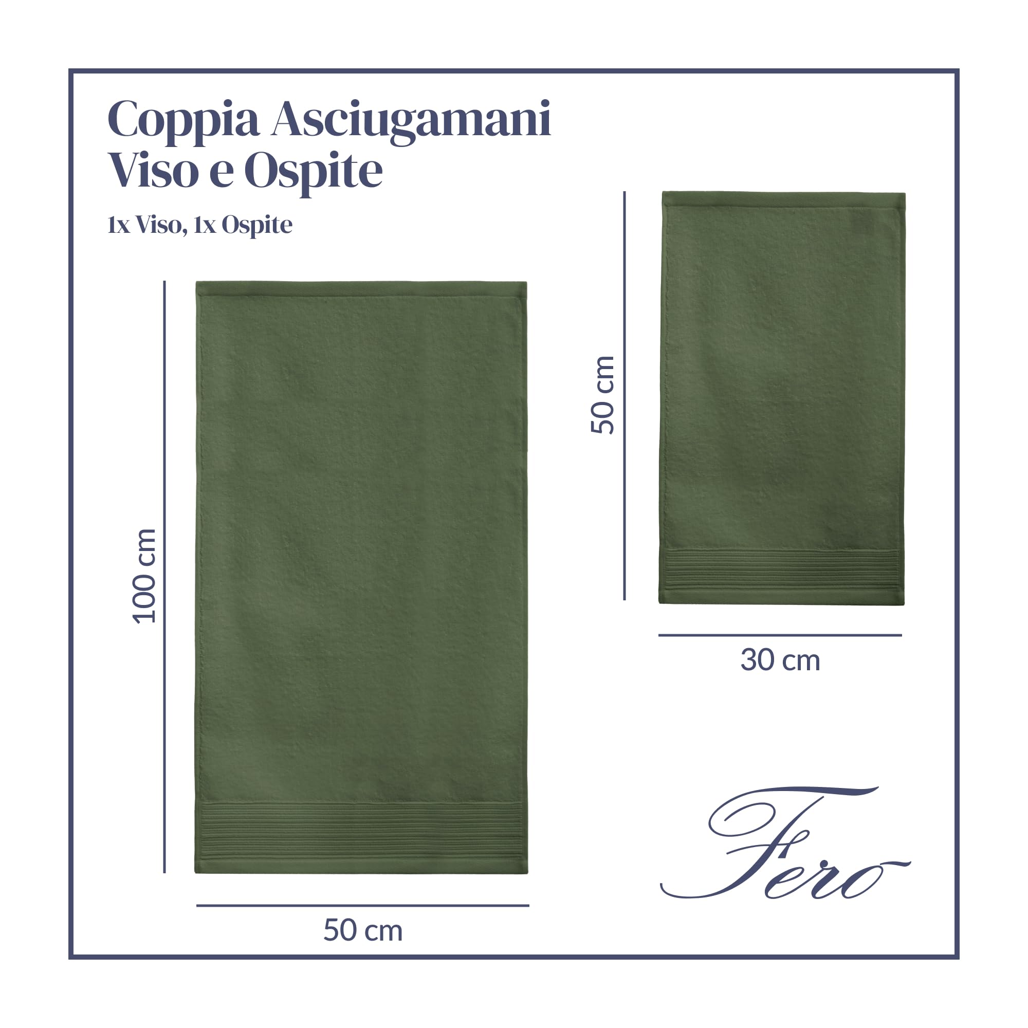 Ferò Set Asciugamani Bagno di Lusso 2 Pezzi, OEKO-TEX 100% Cotone Premium 550 g/m², Ultra Morbido e Assorbente, Design Italiano, Coppia Asciugamani Viso e Bidet, Asciugamano 50x100, 50x30 cm, Verde