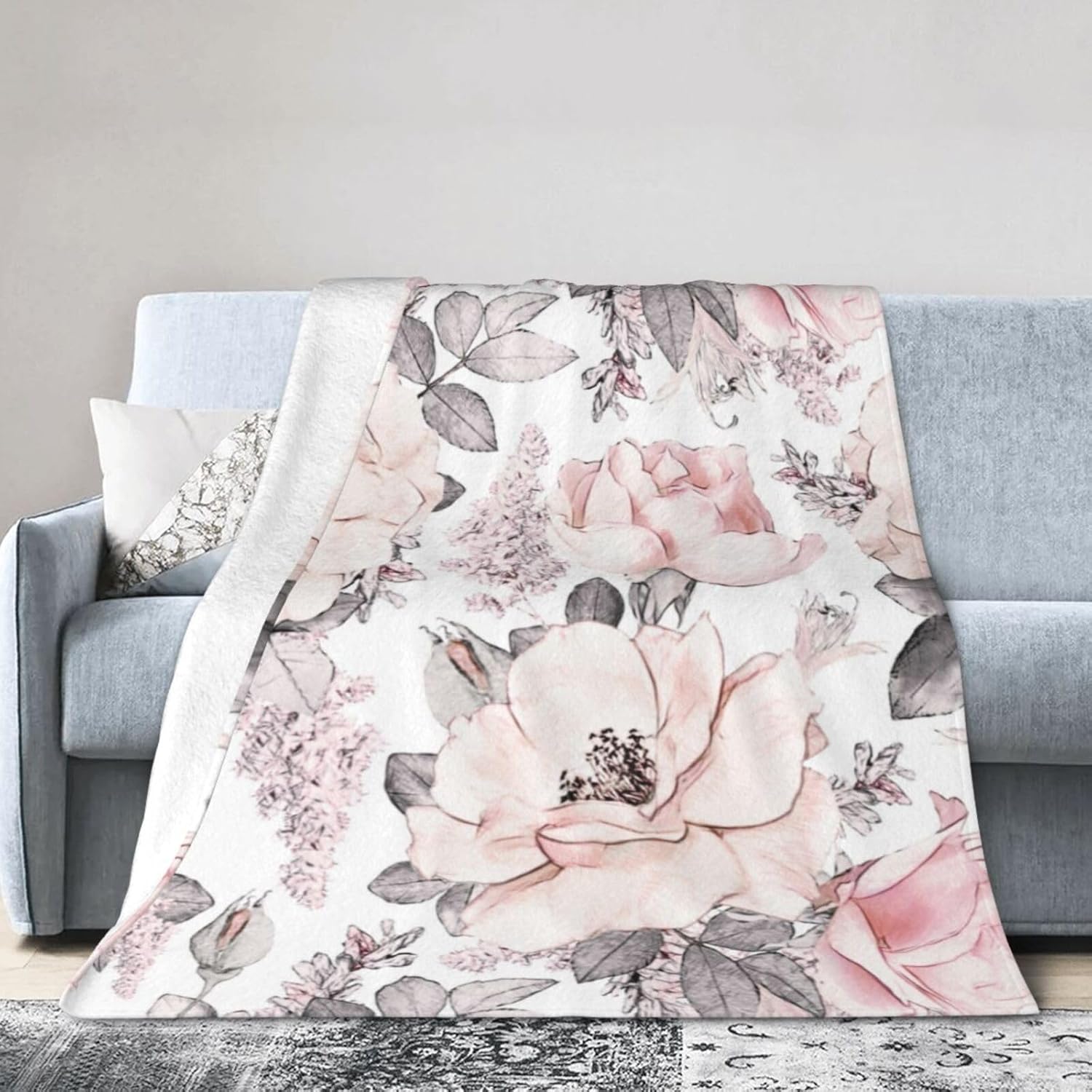 Pink Flower Grey Leaves Blanket Soft Lightweight Throw Blankets Cozy Flannel Bed Throws For Sofa Couch Travel Home Room Bedroom Decor Gifts For Girls Women Adults 60"x50"