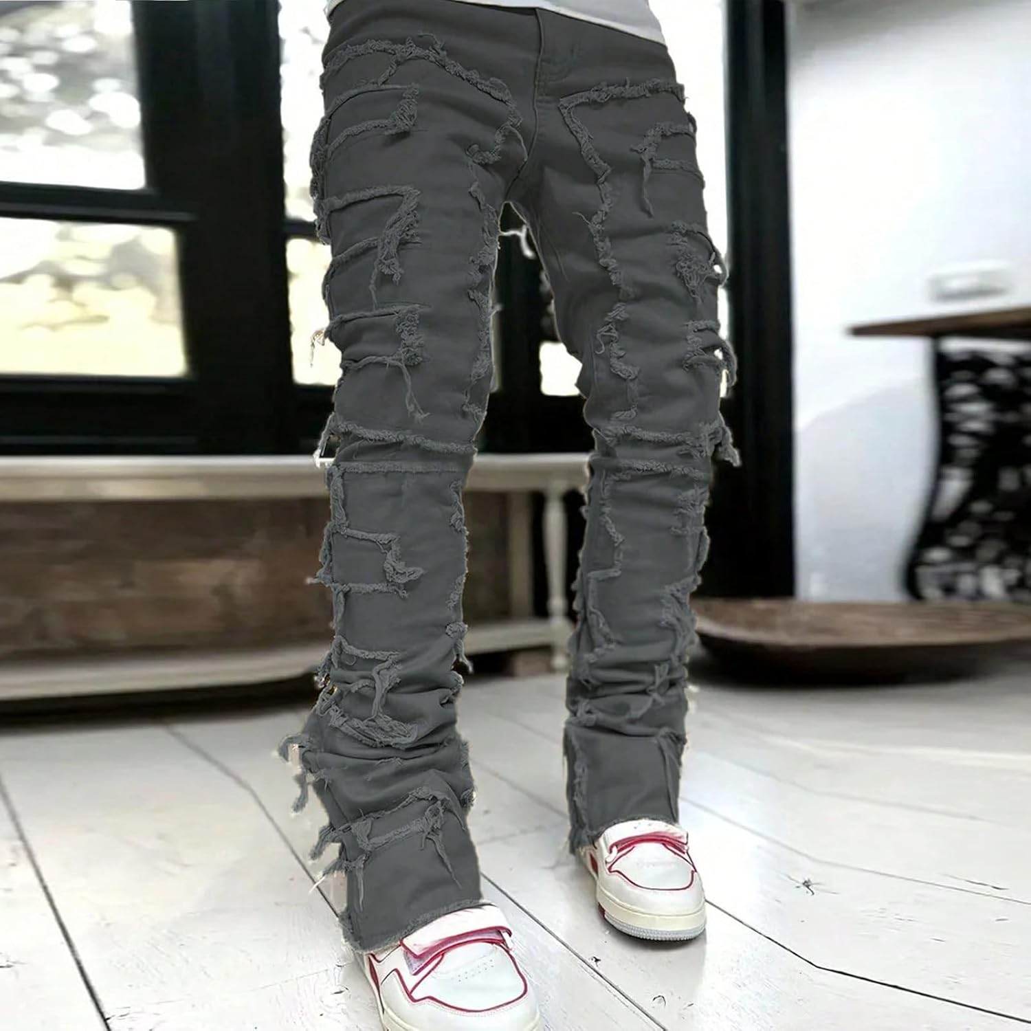 Boys Skinny Fit Straight Leg Distressed Jeans Ripped Destroyed Pants with Zipper Fly & Button Closure - Image 2