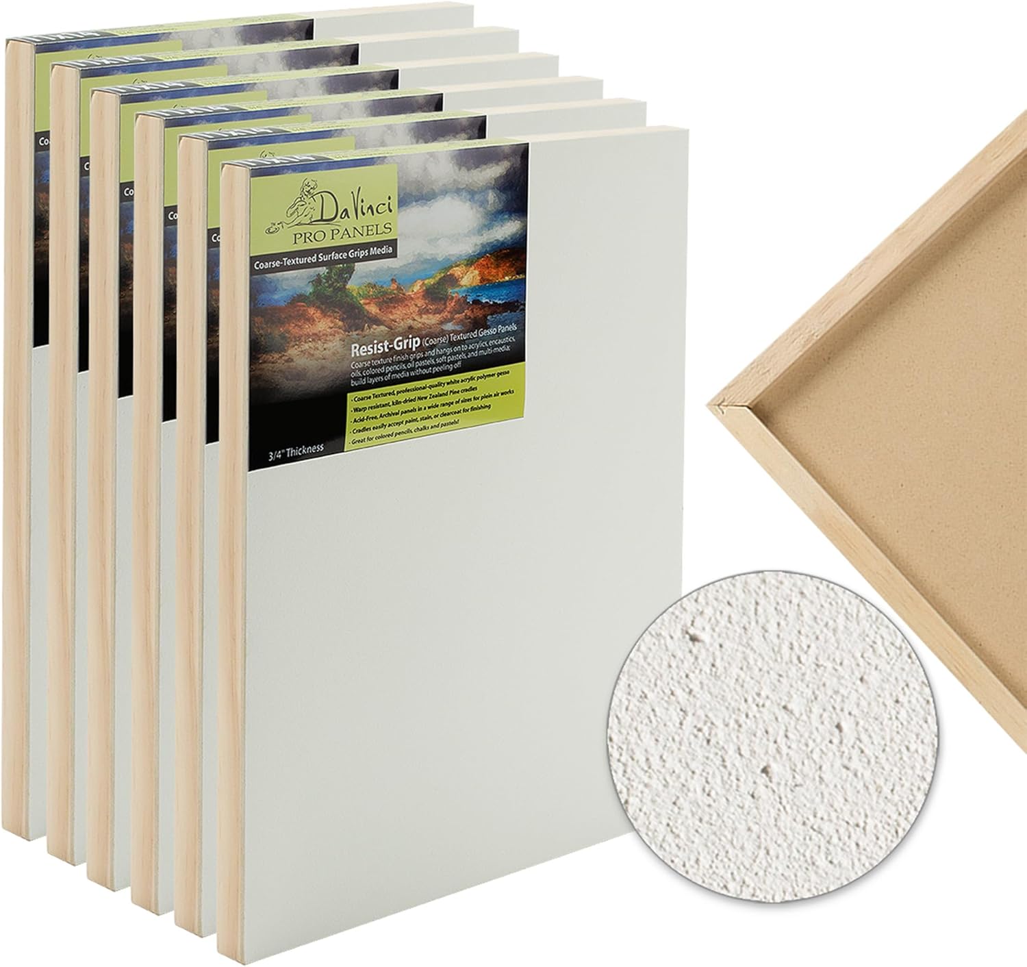 Da Vinci Pro Resist-Grip Coarse Textured Gesso Board, 9x12-6 Pack, 3/4" Depth Art Boards for Painting, White Acrylic Polymer with Quartz Sand, Warp-Resistant Cradled and Sealed MDF Panel