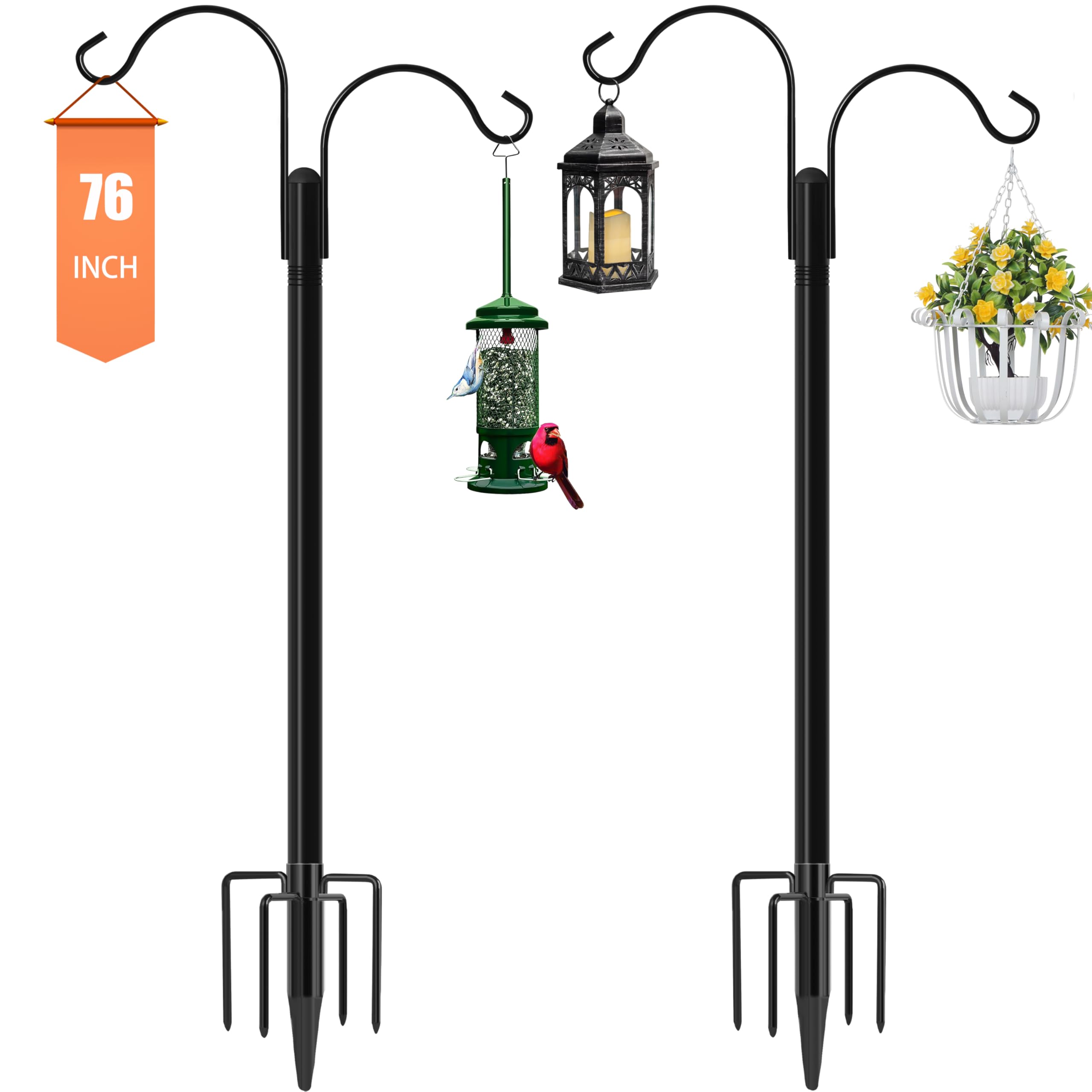Ottsuls Bird Feeder Pole, 2 Pack 76 INCH Double Shepherds Hooks for Outdoor, Garden Pole with 5 Base Prongs Heavy Duty Planter Hooks for Hanging Plant Baskets, Lantern, Hummingbird Feeder